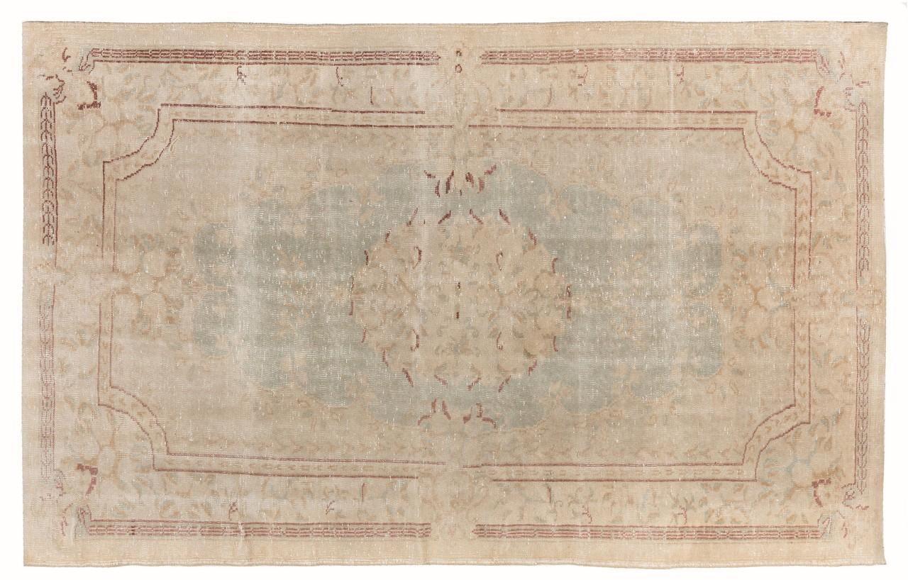 Hand-Knotted 6x9.6 Ft French-Aubusson Inspired Distressed Vintage Handmade Turkish Wool Rug For Sale