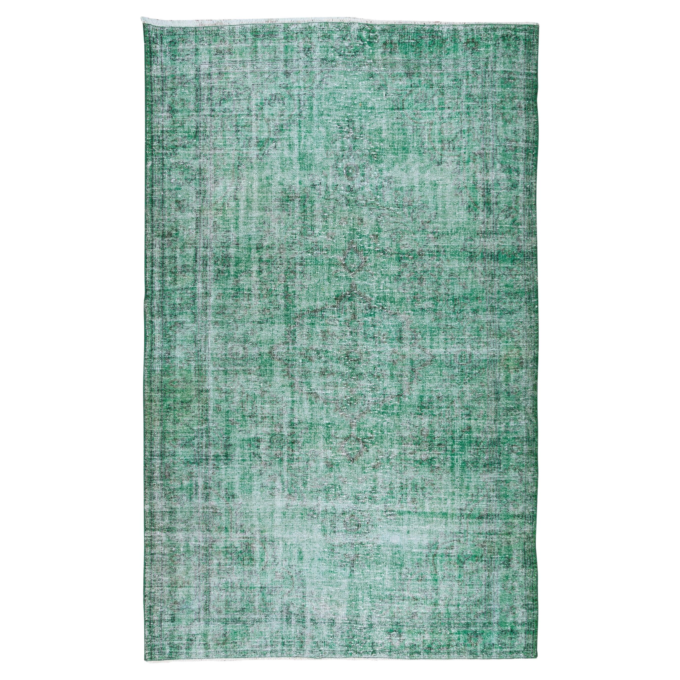 6x9.6 Ft Modern Green Area Rug, Hand Knotted Anatolian Vintage Wool Carpet For Sale