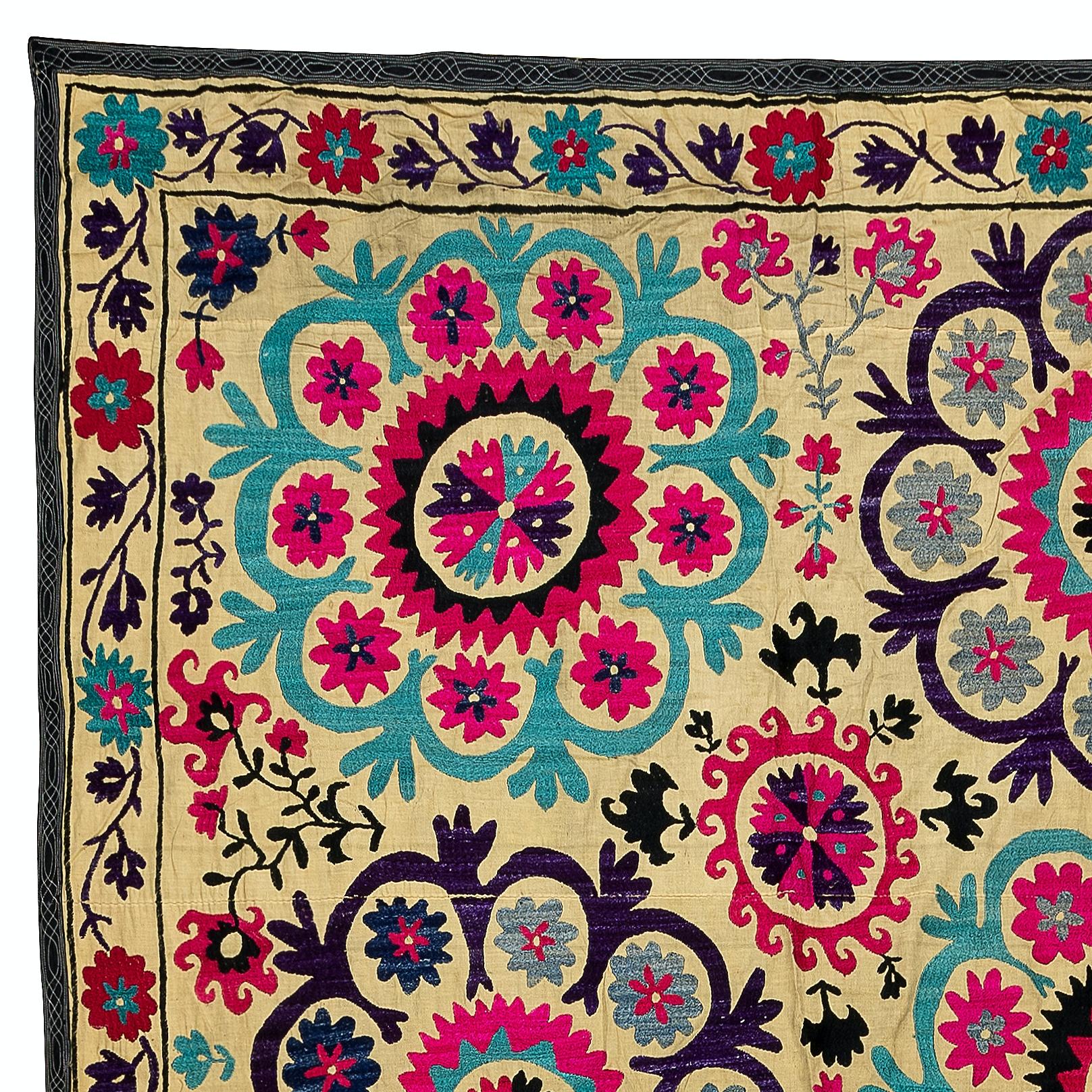 Suzani, a Central Asian term for a specific type of needlework, is also the broader name for the hugely popular decorative pieces of textile that feature this needlework in vivid colors with bold, expressive floral and botanical designs, natural