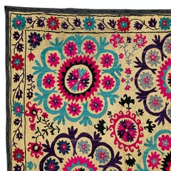 6x9.6 Ft Silk Embroidery Throw. Floral 1970s Suzani Tapestry. Uzbek Wall Hanging