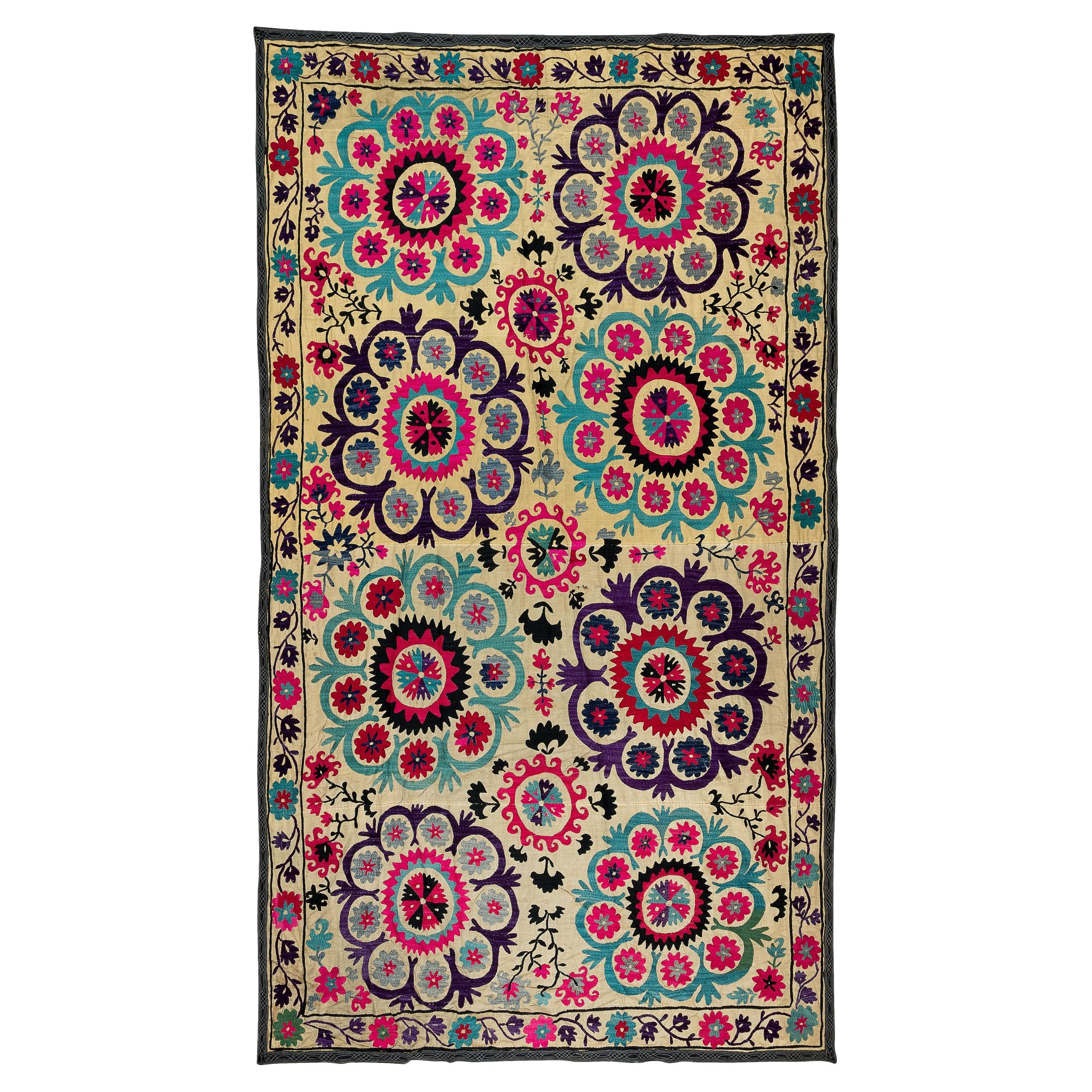 6x9.6 Ft Silk Embroidery Throw, Floral 1970s Suzani Tapestry, Uzbek Wall Hanging For Sale