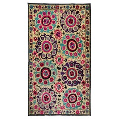 Silk Embroidery Throw, Floral 1970s Suzani Tapestry, Uzbek Wall Hanging