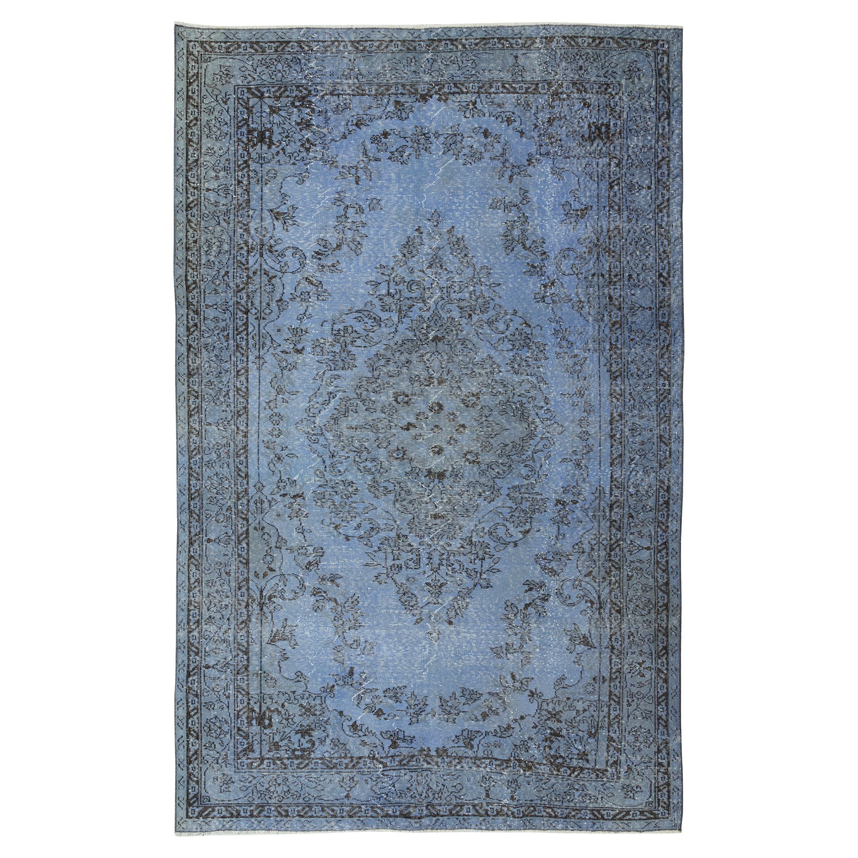 6x9.6 Ft Vintage Handmade Turkish Area Rug Over-Dyed in Blue 4 Modern Interiors