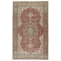 6x9.6 Ft Vintage Turkish Red Rug. Hand-knotted Wool Carpet with Medallion Design