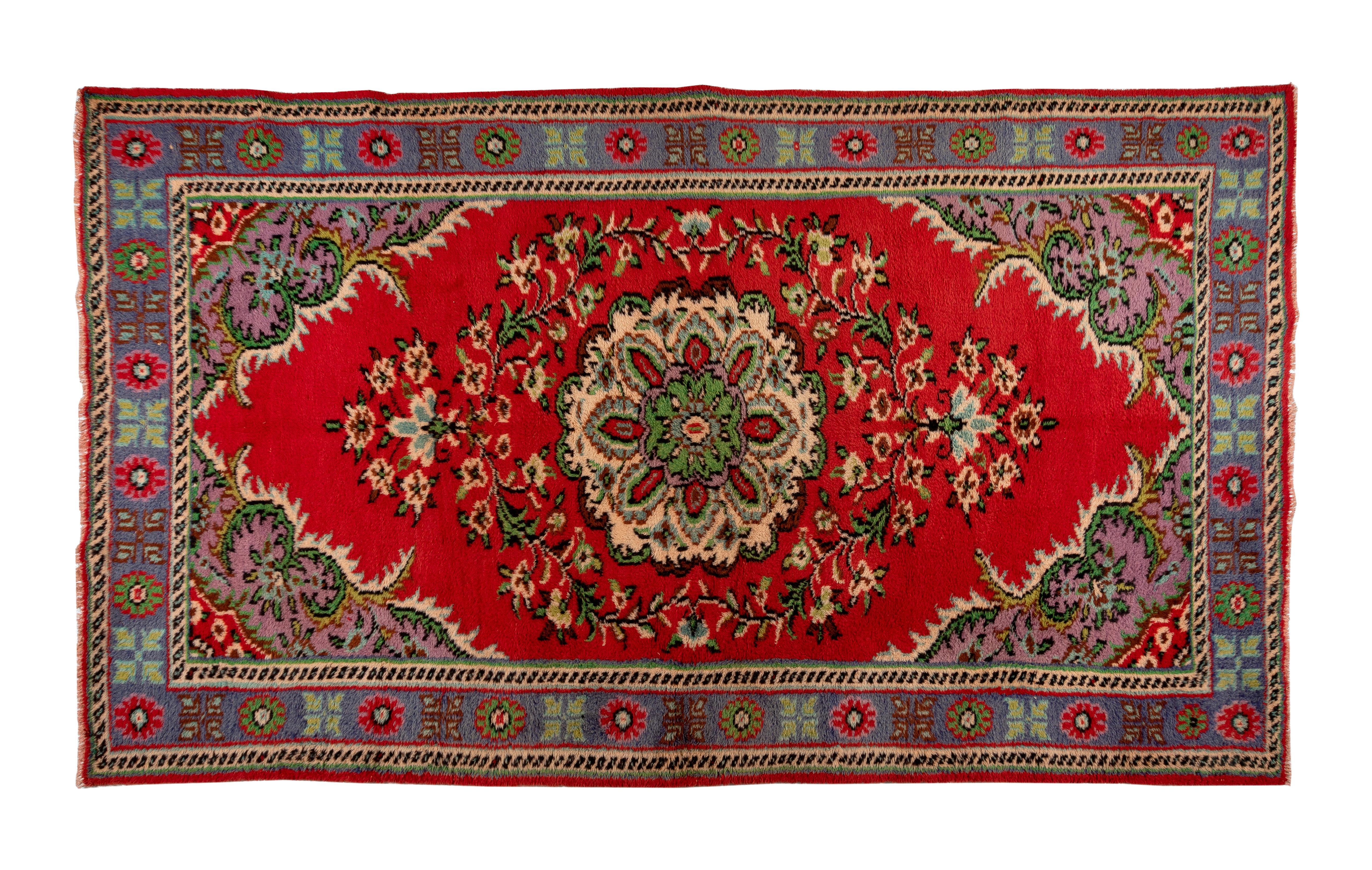 Wool 6x9.7 Ft Mid-20th Century Handmade Turkish Area Rug with Floral Medallion Design For Sale