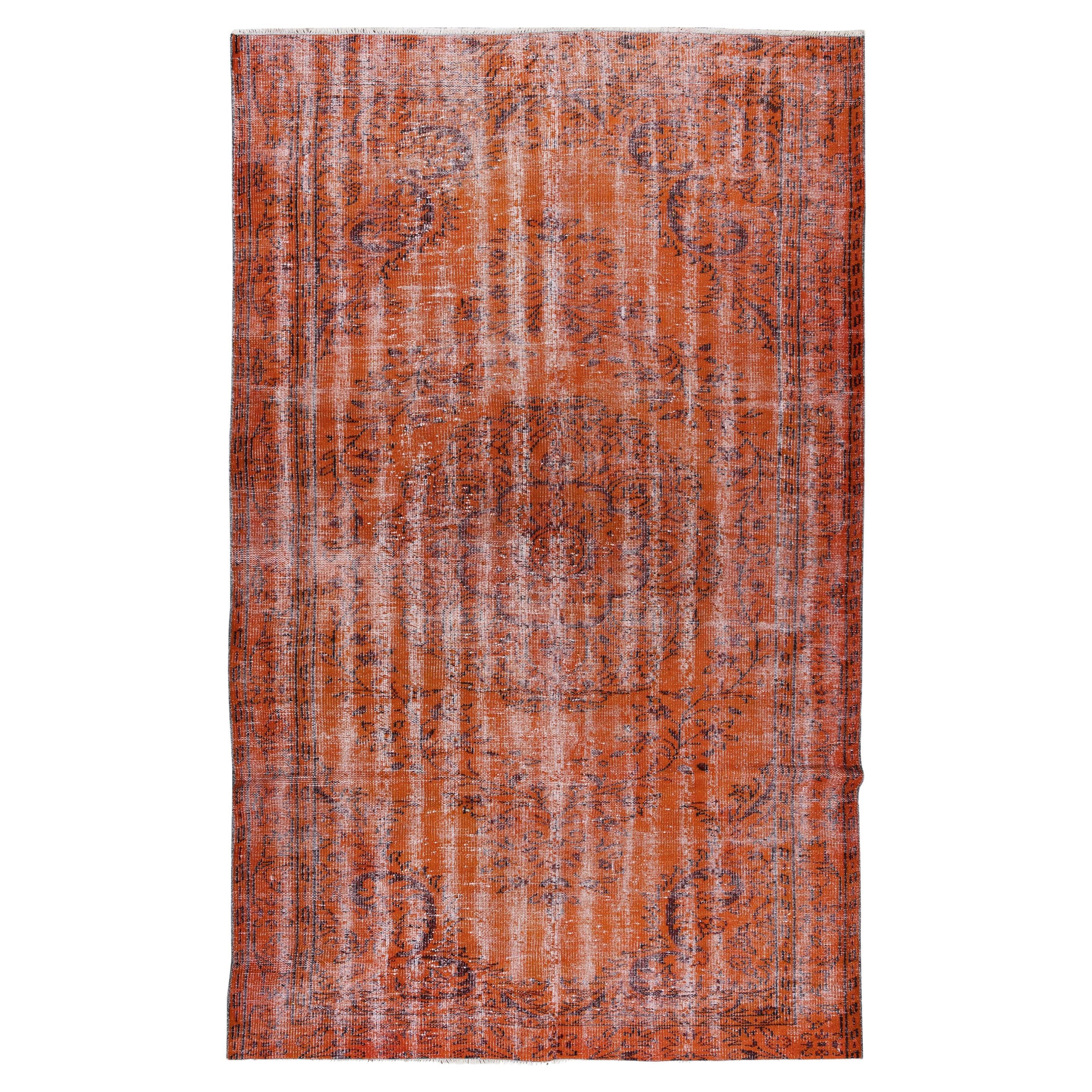 6x9.7 Ft Modern Handmade Turkish Vintage Wool Area Rug Over-Dyed in Orange For Sale