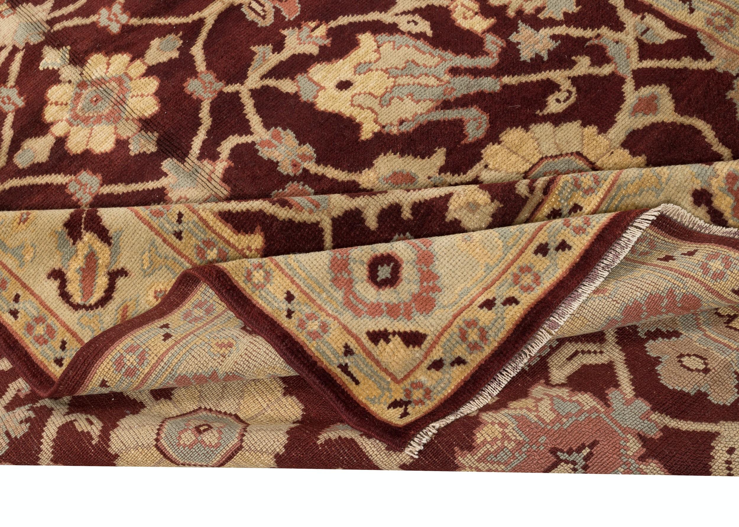 6x9.7 Ft Vintage Roter handgefertigter türkischer Teppich mit botanischem Design. 100% Wolle. (Rustikal) im Angebot