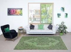 6x9.7 Ft Vintage Turkish Area Rug redyed in Green Color for modern interiors