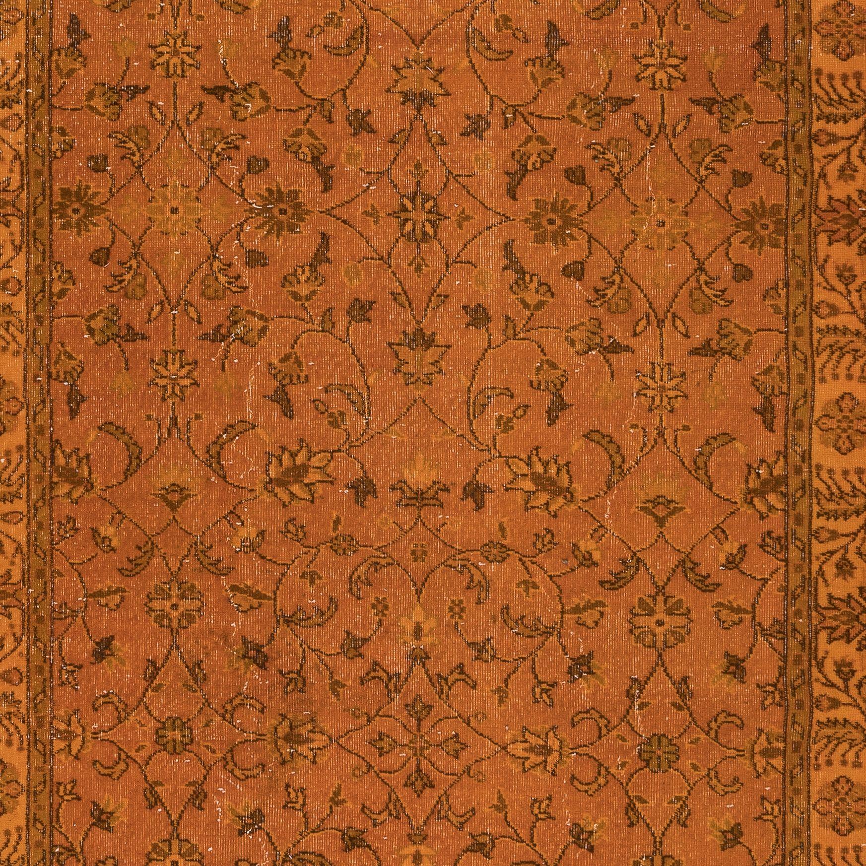 Hand-Knotted 6x9.8 Ft Hand-Made Turkish Area Rug in Orange, Modern Floral Design Carpet For Sale