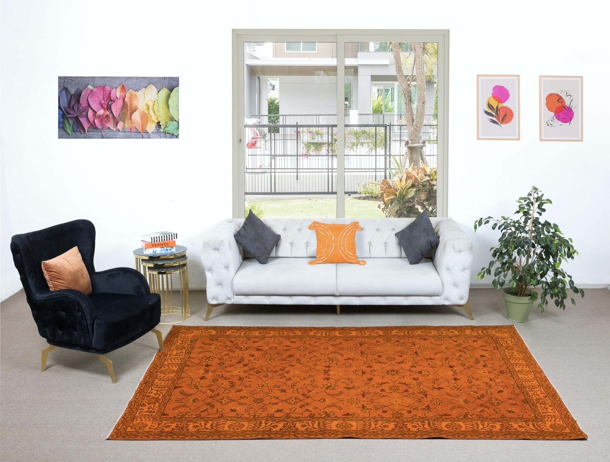 20th Century 6x9.8 Ft Hand-Made Turkish Area Rug in Orange, Modern Floral Design Carpet For Sale