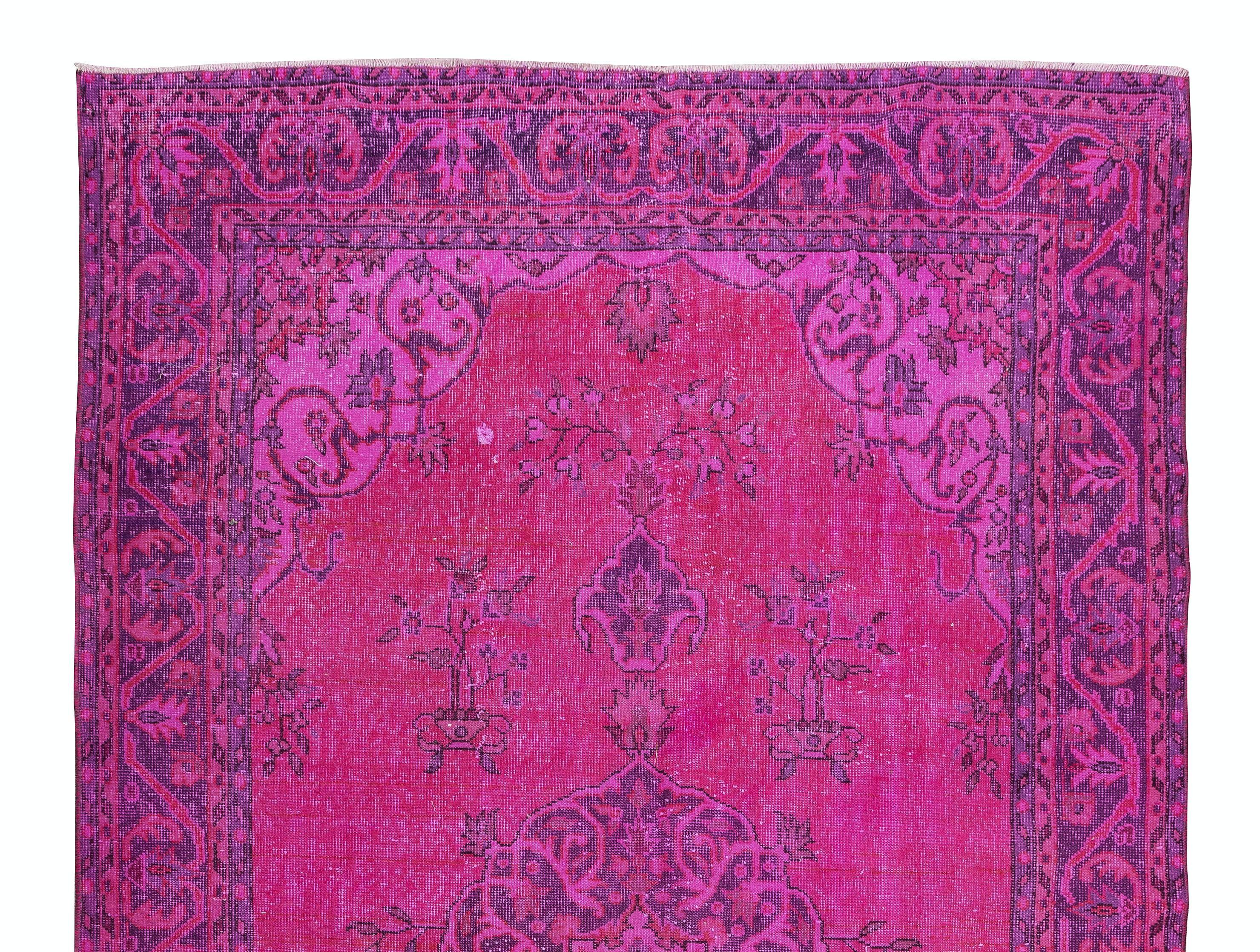 Hand-Knotted 6x9.8 Ft Handmade Medallion Design Turkish Vintage Rug Over-Dyed in Fuchsia Pink For Sale