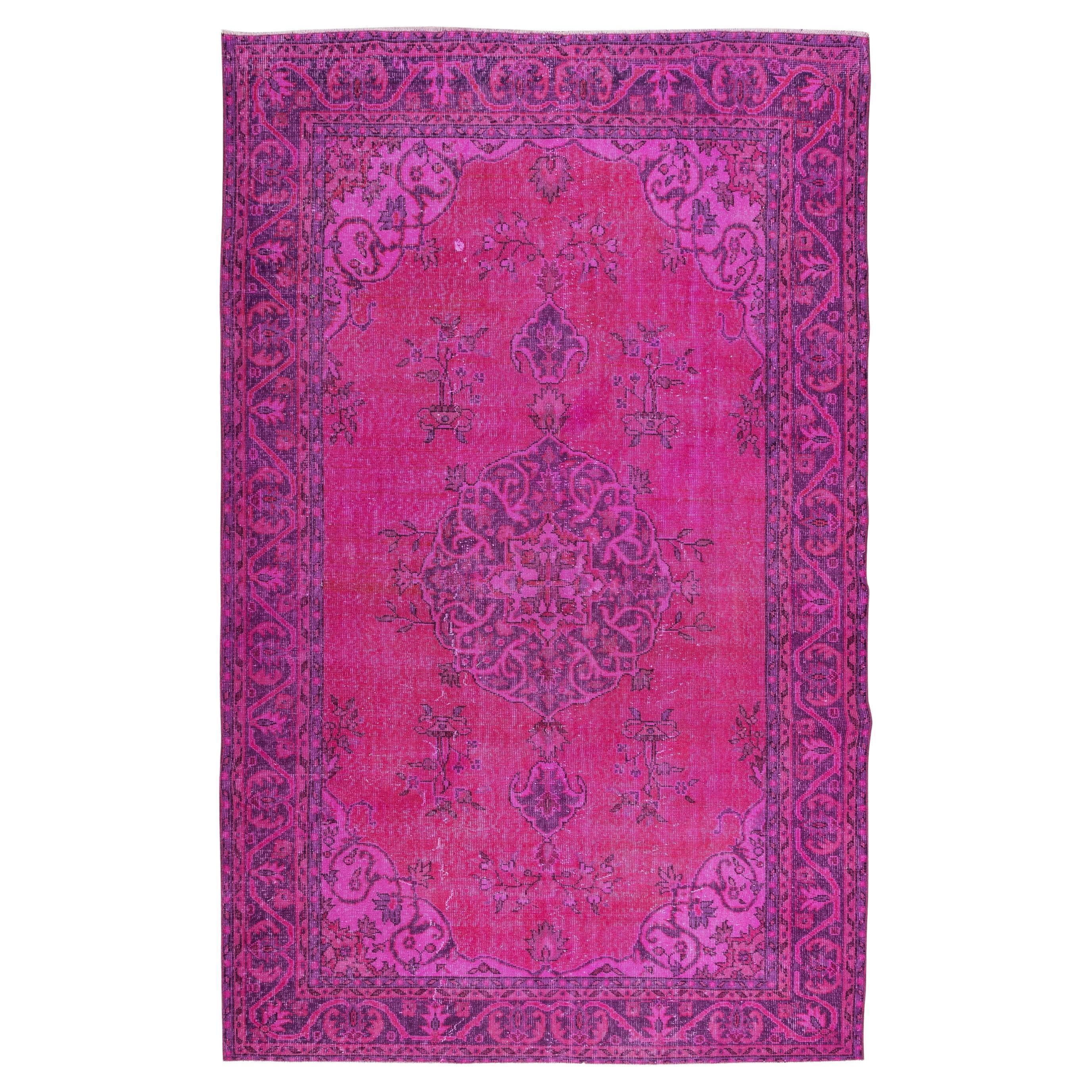 6x9.8 Ft Handmade Medallion Design Turkish Vintage Rug Over-Dyed in Fuchsia Pink For Sale