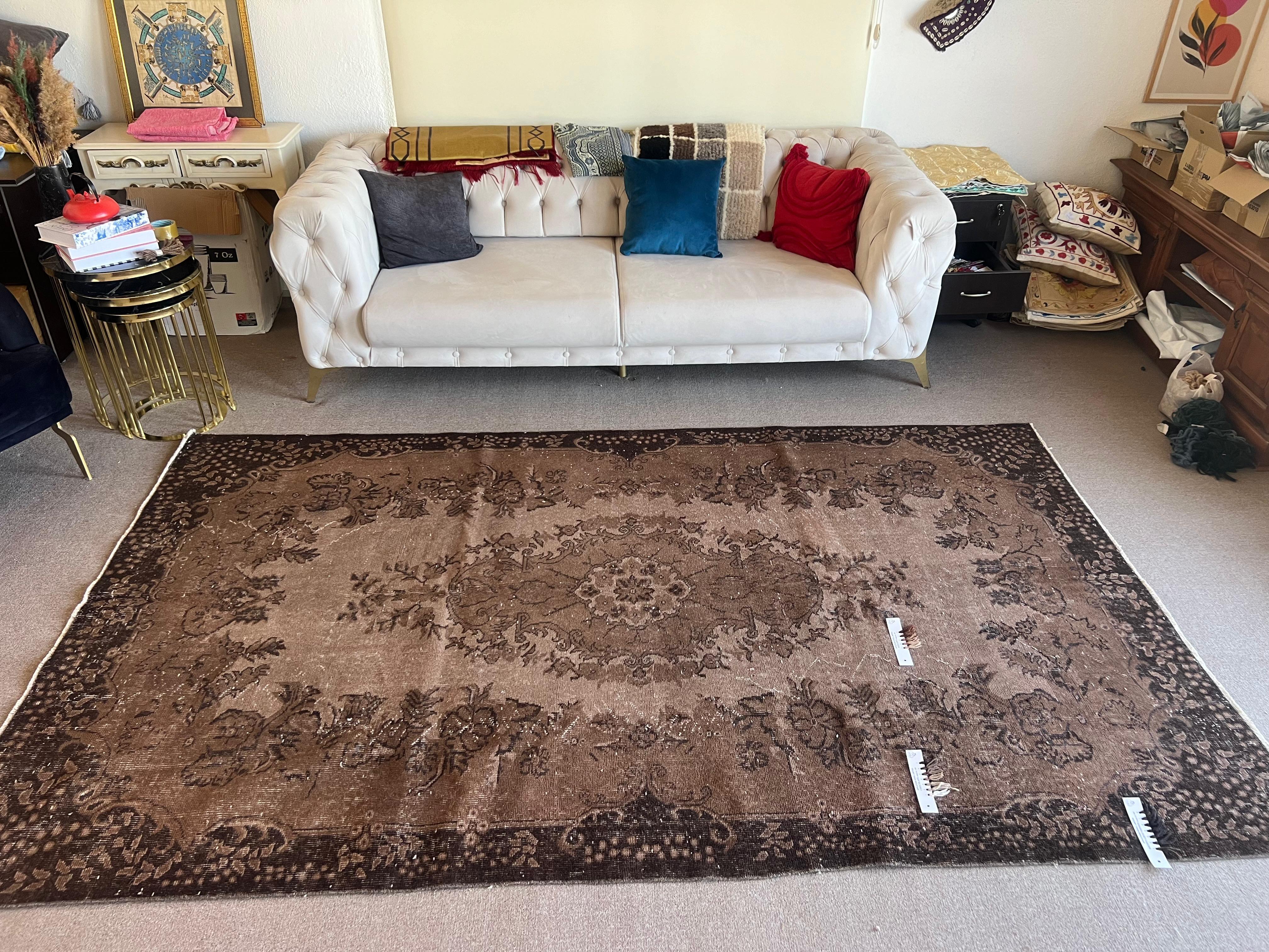6x9.8 Ft Handmade Turkish Rug, Brown Medallion Design Carpet for Living Room For Sale 1