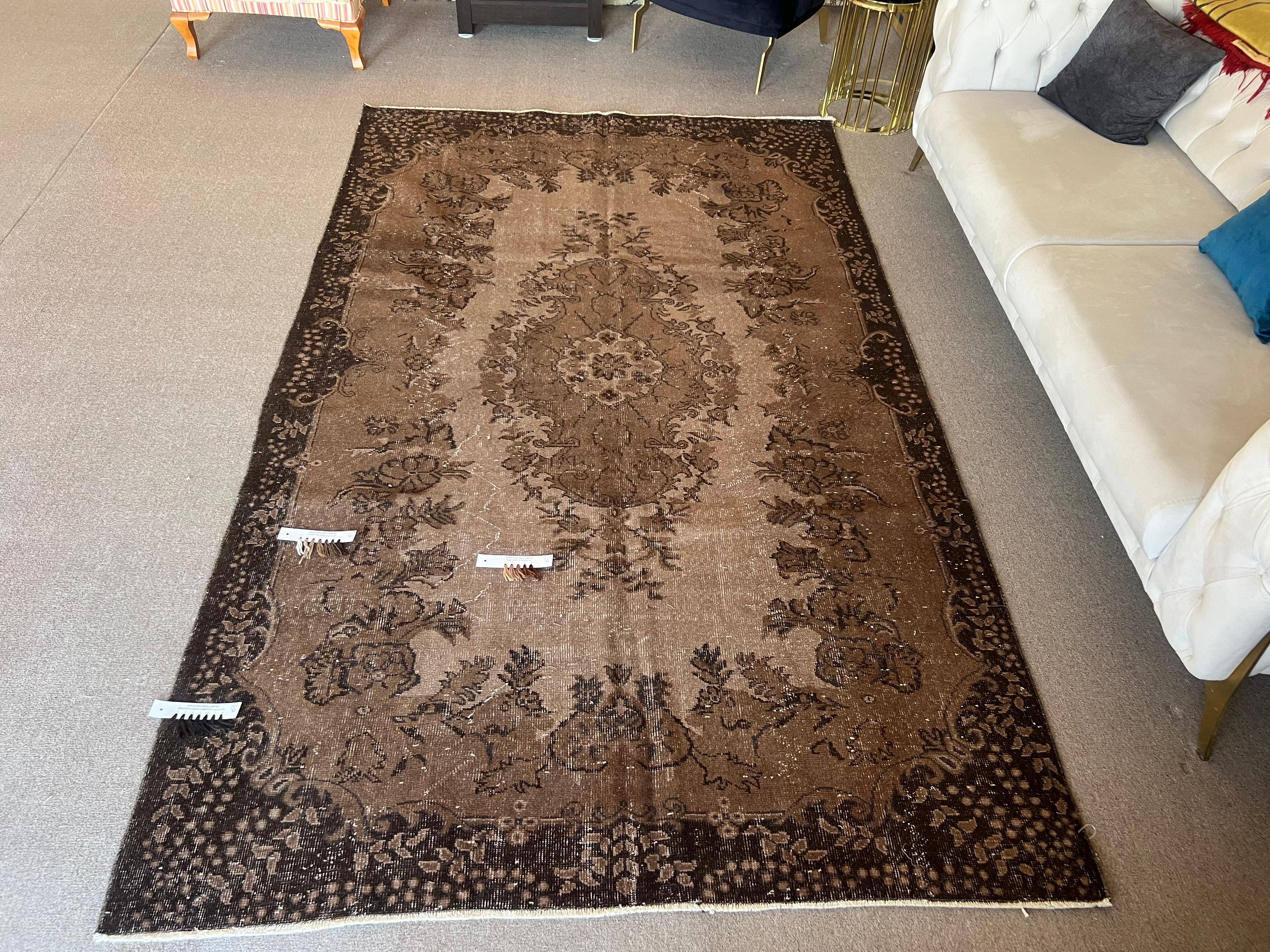 6x9.8 Ft Handmade Turkish Rug, Brown Medallion Design Carpet for Living Room For Sale 2