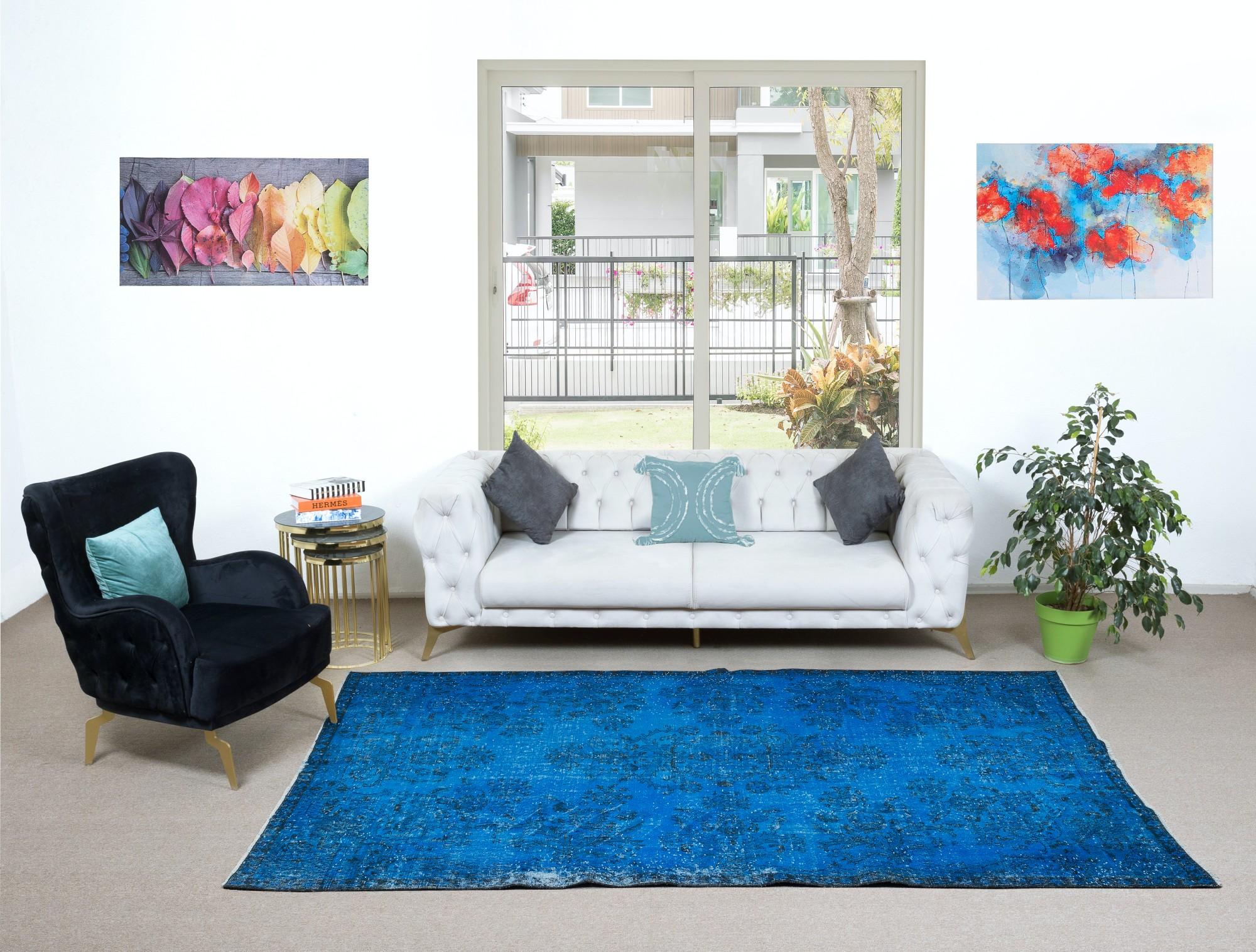 6x9.8 Ft Turkish Area Rug in Blue for Dining Room, Handmade Garden Design Carpet In Good Condition For Sale In Spring Valley, NY