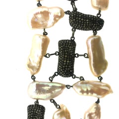 144 Carat Freshwater Pearl Diamond Bracelet Oxidized Sterling Silver, 14Kt Gold