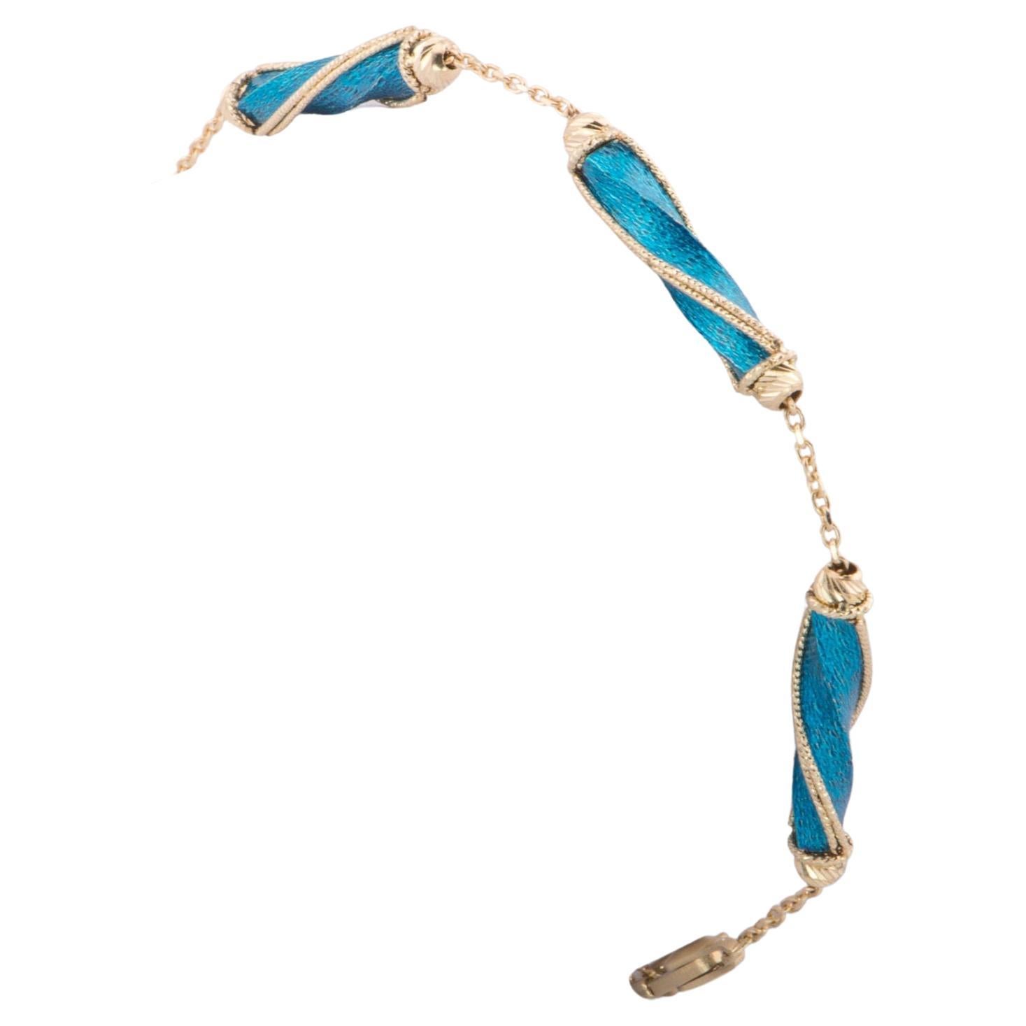 7" 14K Gold Bracelet Diamond Cut and Bright Blue Enamel Spiral Links 4.57g R2083 For Sale