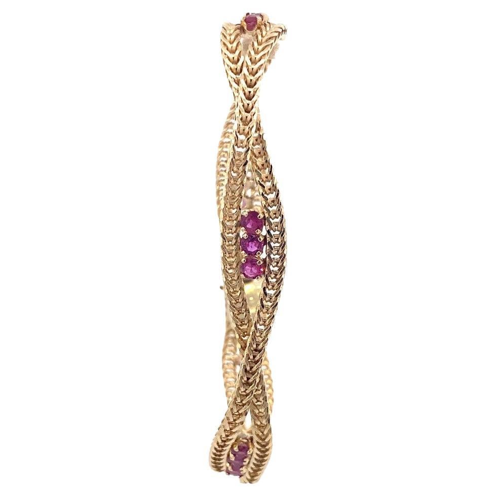 7" 14K Yellow Gold Round Synthetic Ruby Bracelet 16.08g For Sale