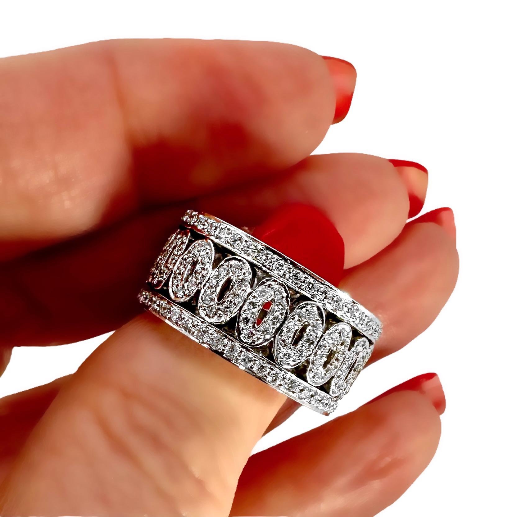 Round Cut 7/16 Inch Wide 18K White Gold Diamond Band Ring with Oval Motifs For Sale