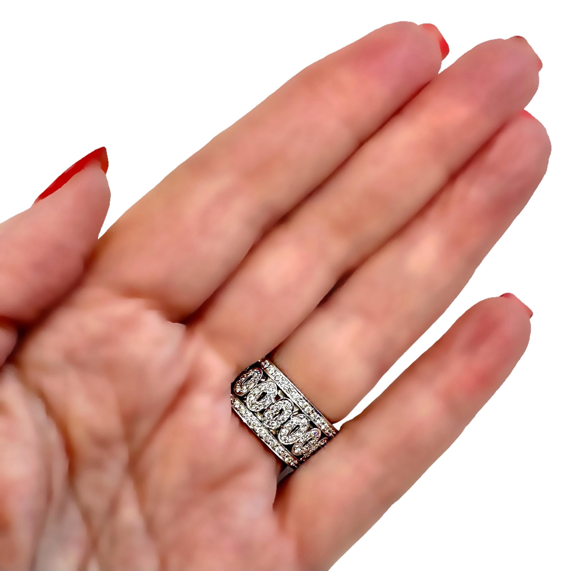 7/16 Inch Wide 18K White Gold Diamond Band Ring with Oval Motifs For Sale 1