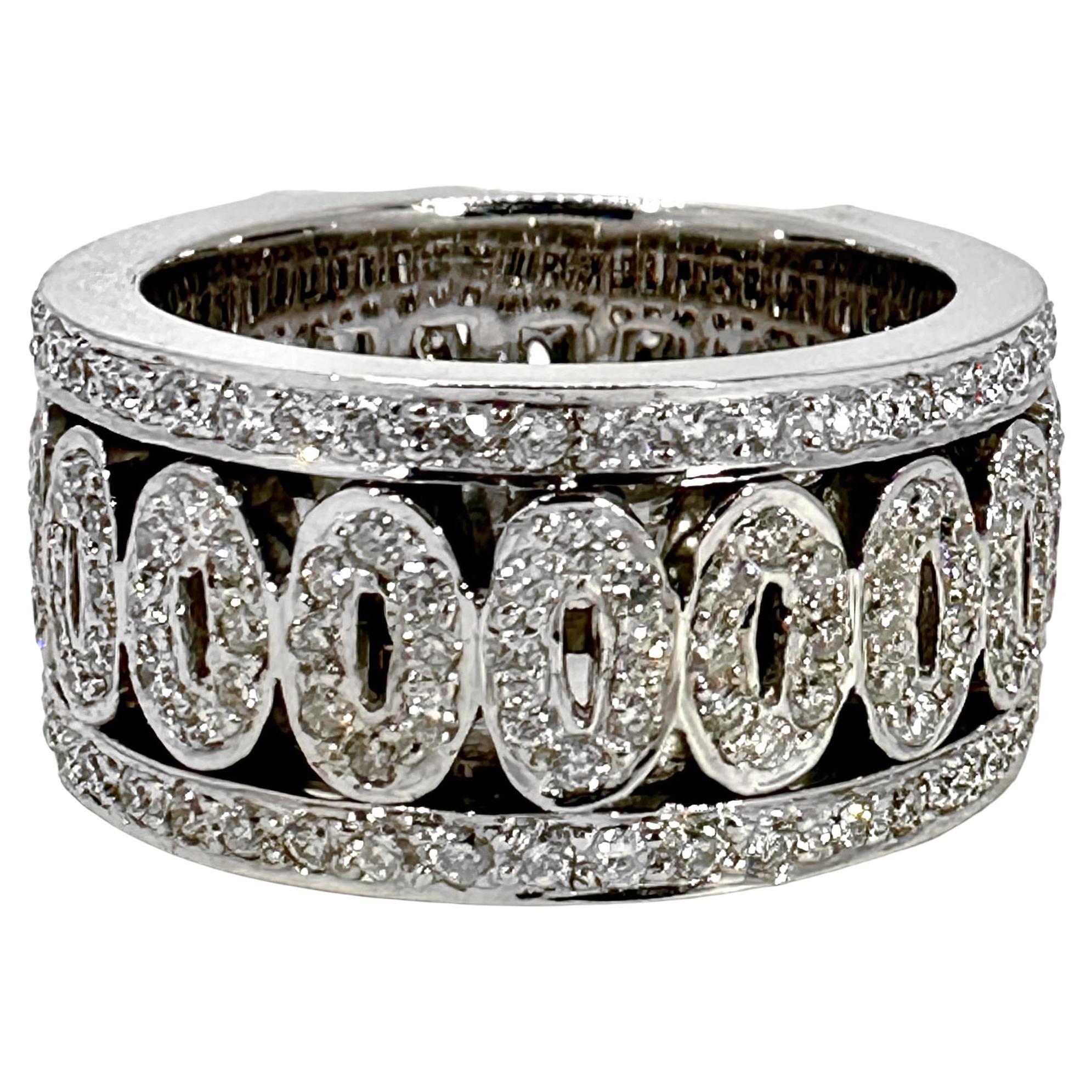 7/16 Inch Wide 18K White Gold Diamond Band Ring with Oval Motifs For Sale