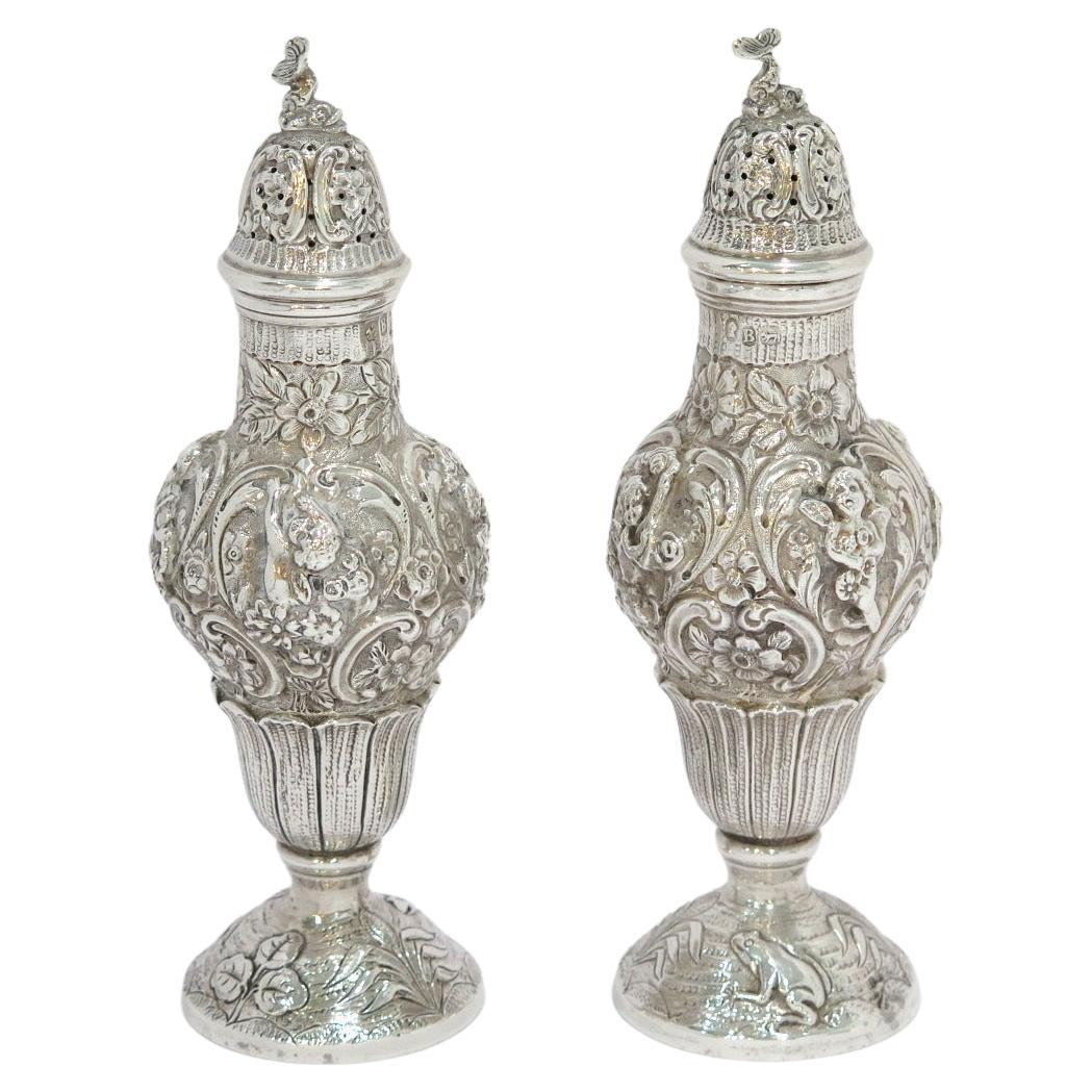 7 5/8 in - Sterling Silver Antique English 1797 Repousse Salt & Pepper Shakers For Sale