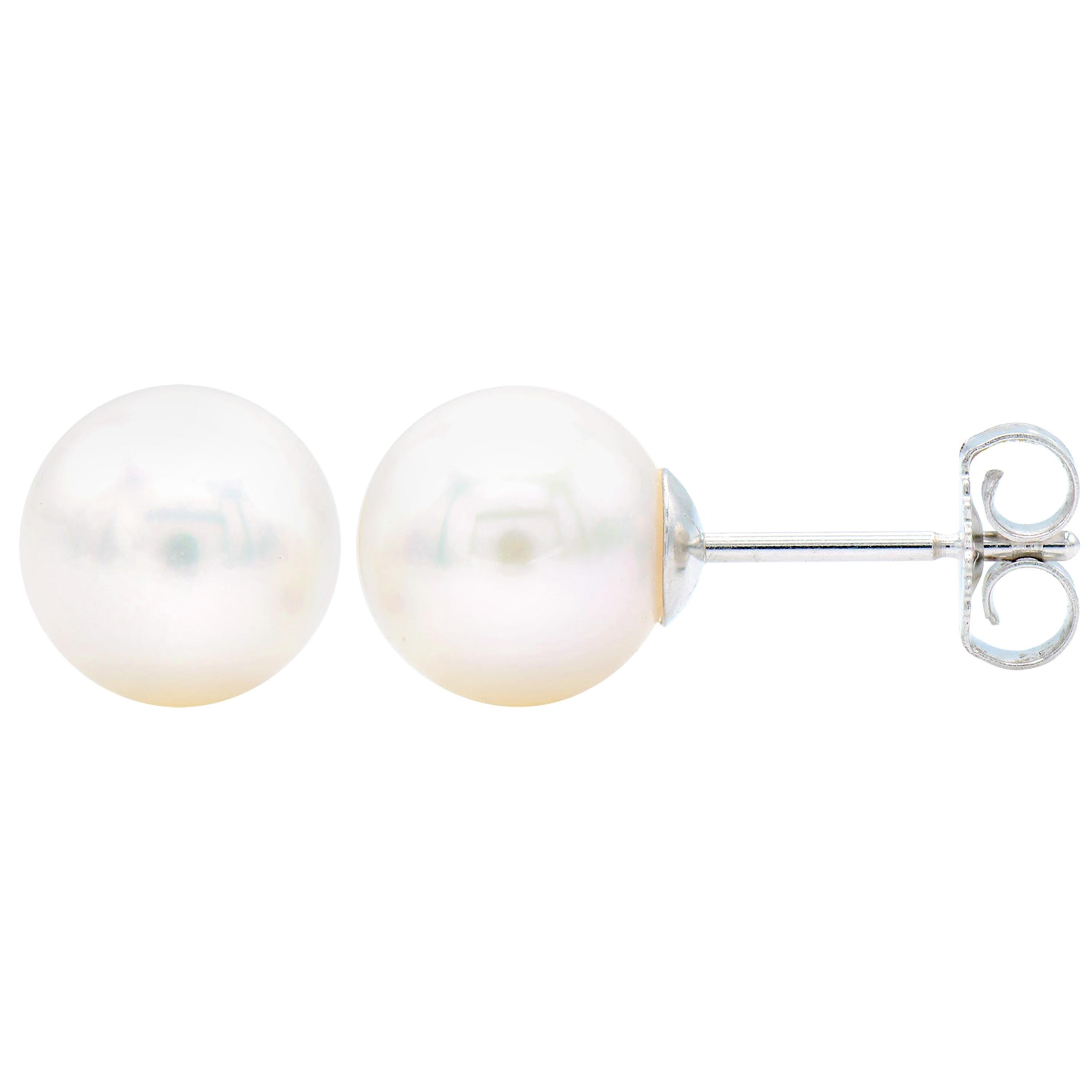 Clous d'oreilles en perles de culture de 7,7,5 mm avec tige et dos en or blanc 14 carats