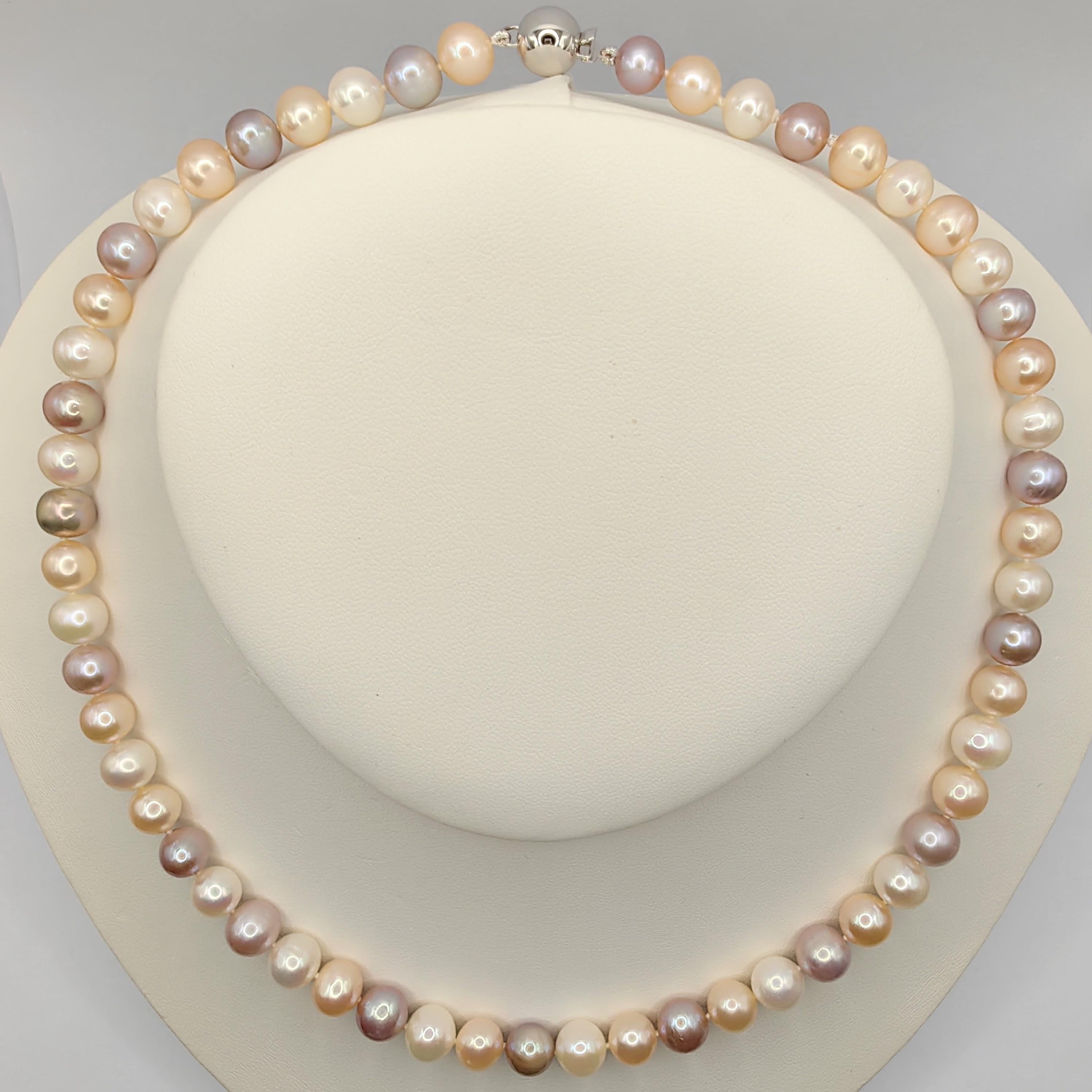 Women's or Men's 7-8mm Candy Pastel Multi-Color Round Pearl Necklace with 18K Gold Clasp For Sale