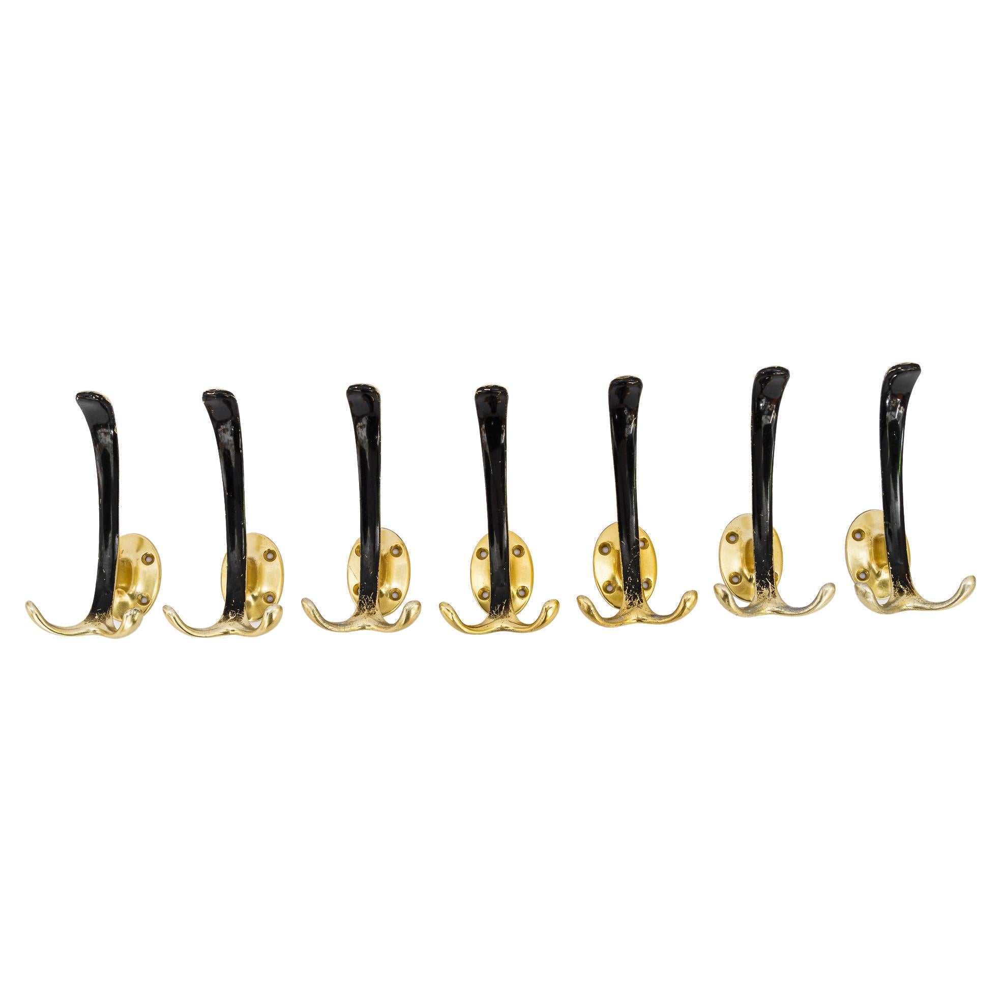 7 Aluminum Wall Hooks Black and Gold Lacquered Vienna Around 1960s For Sale