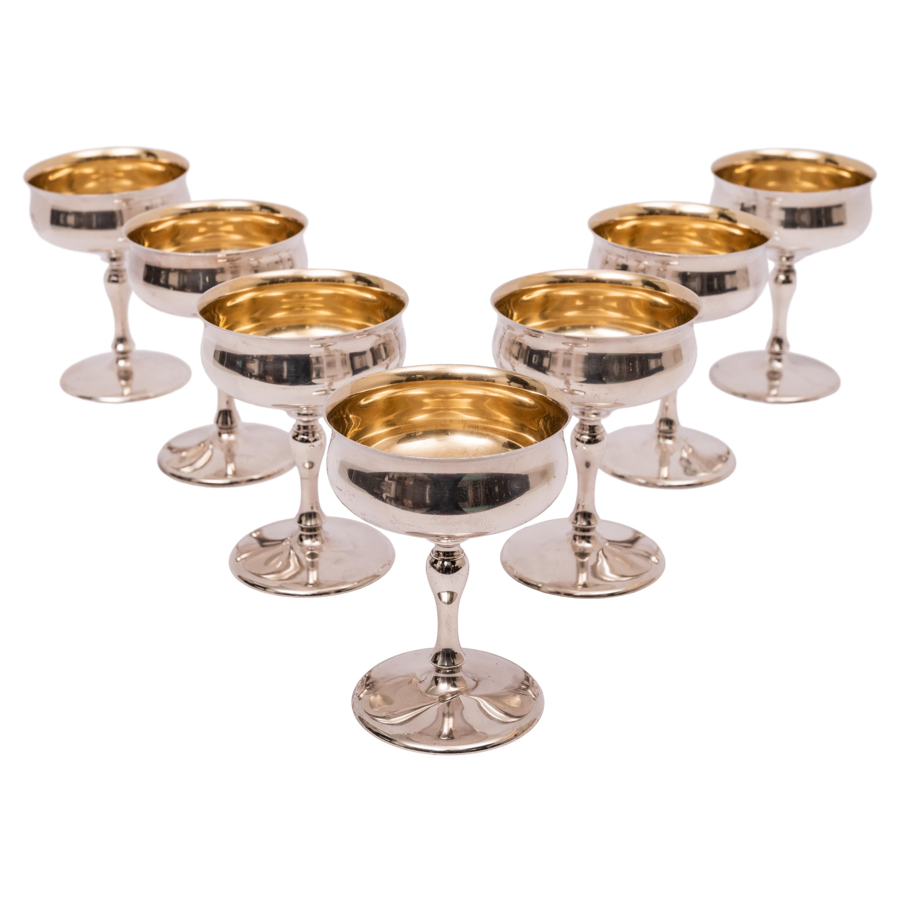 7 Antique American Sterling Silver Gilt Art Deco Sherbet Cocktail Wine Goblets In Good Condition For Sale In Portland, OR