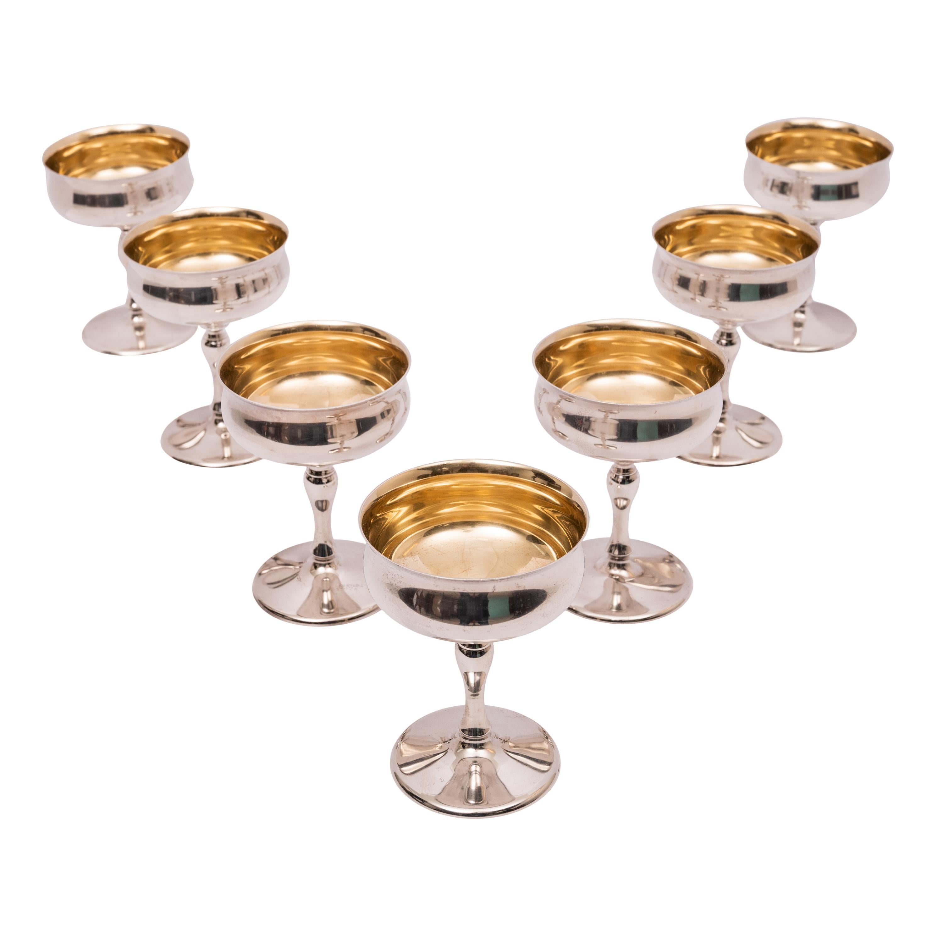 Early 20th Century 7 Antique American Sterling Silver Gilt Art Deco Sherbet Cocktail Wine Goblets For Sale