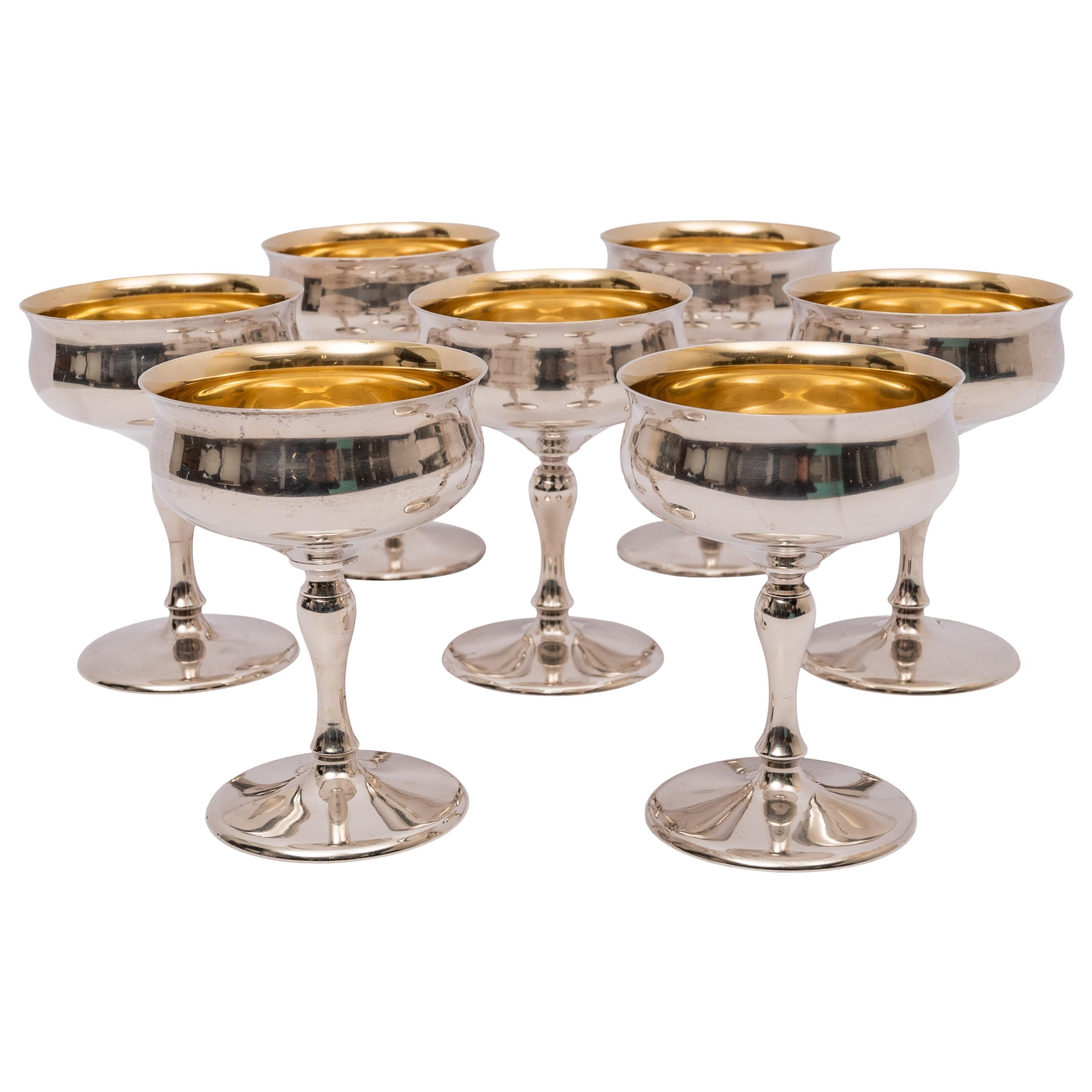 7 Antique American Sterling Silver Gilt Art Deco Sherbet Cocktail Wine Goblets For Sale 1