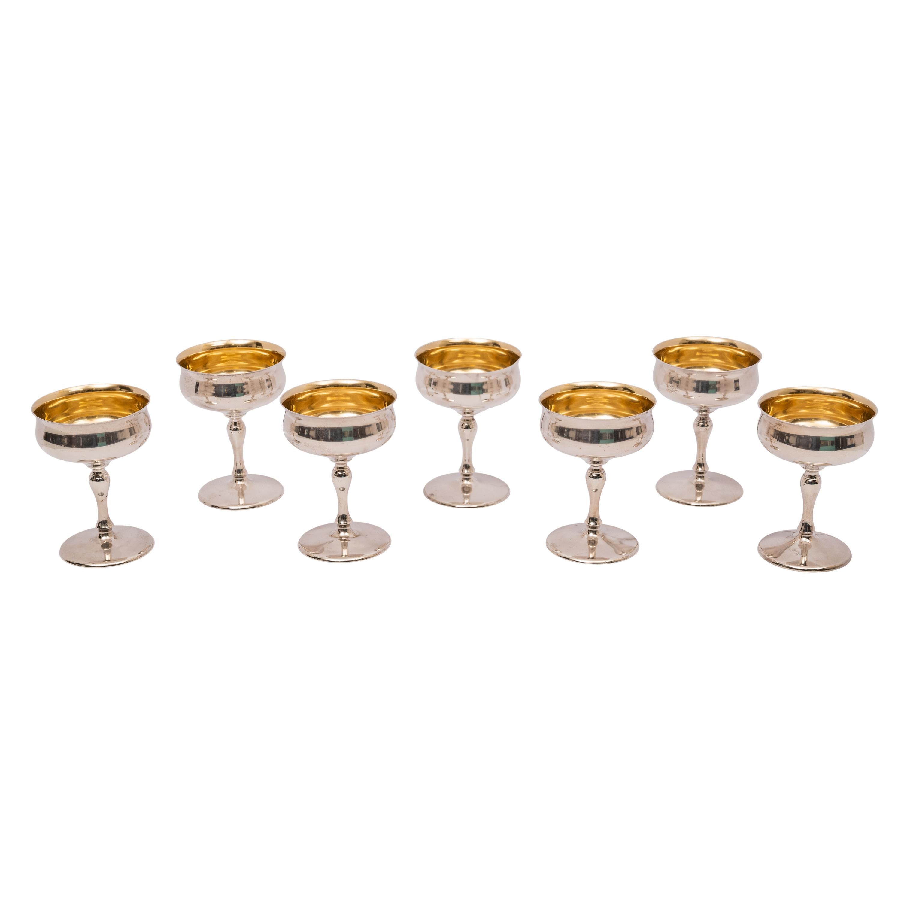 7 gobelets à vin à sorbet Art Déco américains anciens en argent sterling doré Bon état - En vente à Portland, OR