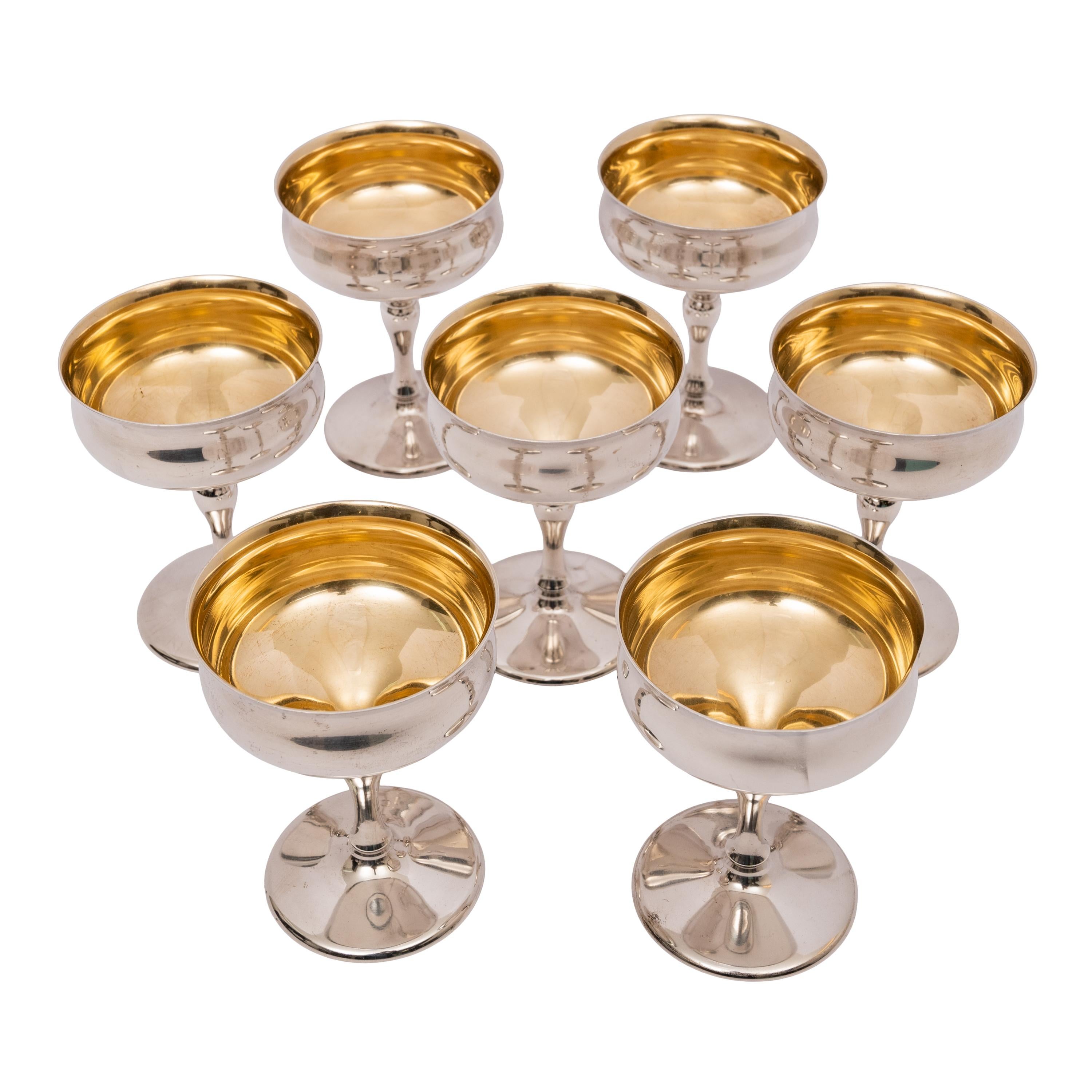 7 Antique American Sterling Silver Gilt Art Deco Sherbet Cocktail Wine Goblets For Sale 3