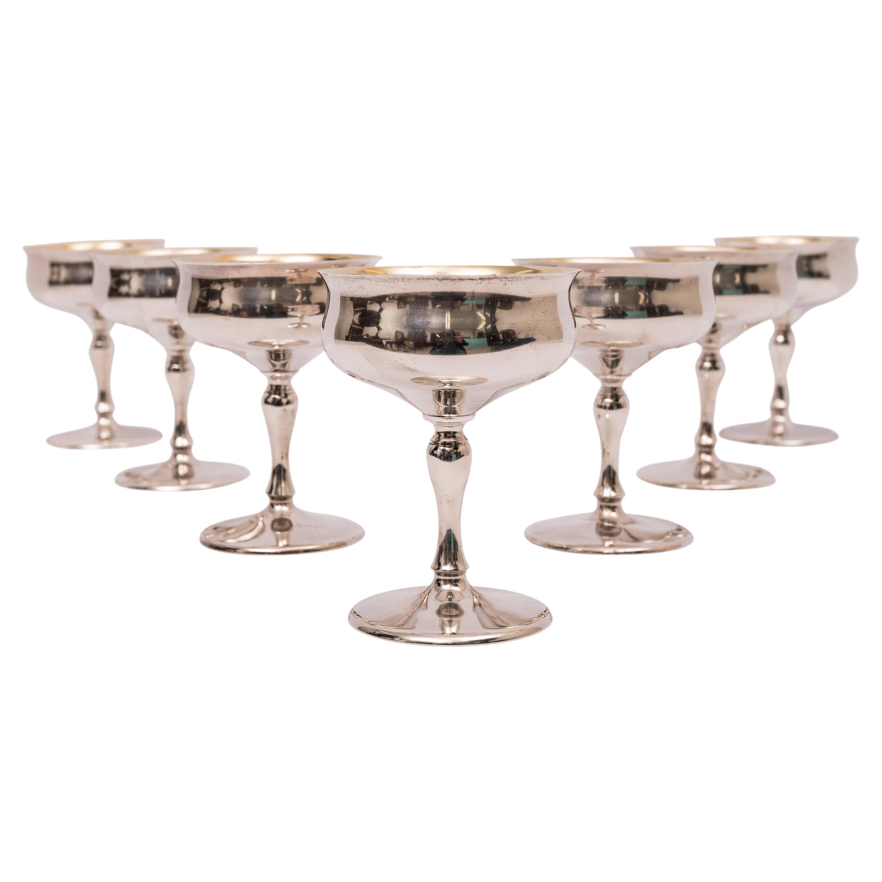 7 Antique American Sterling Silver Gilt Art Deco Sherbet Cocktail Wine Goblets For Sale