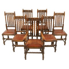 7 Antique Dining Chairs, Oak Barley Twist with Leather Seats, Scotland, 1910