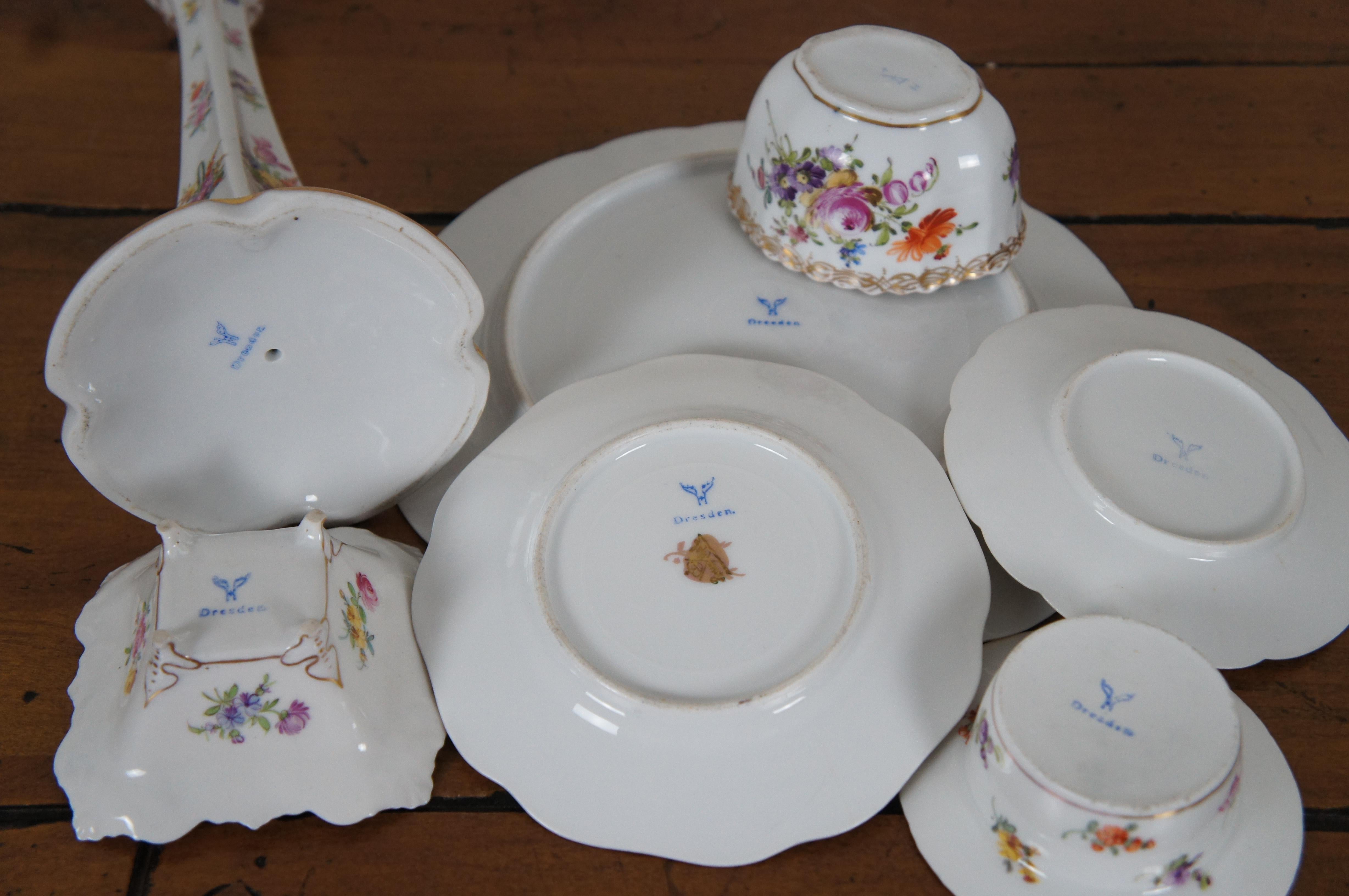 7 Antique German Dresden Franziska Hirsch Serving Plates Dishes & Candlestick For Sale 2