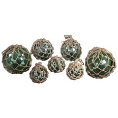 7 Antique Japanese Blown Glass Fishing Floats Knotted Rope Nautical Buoy Marker