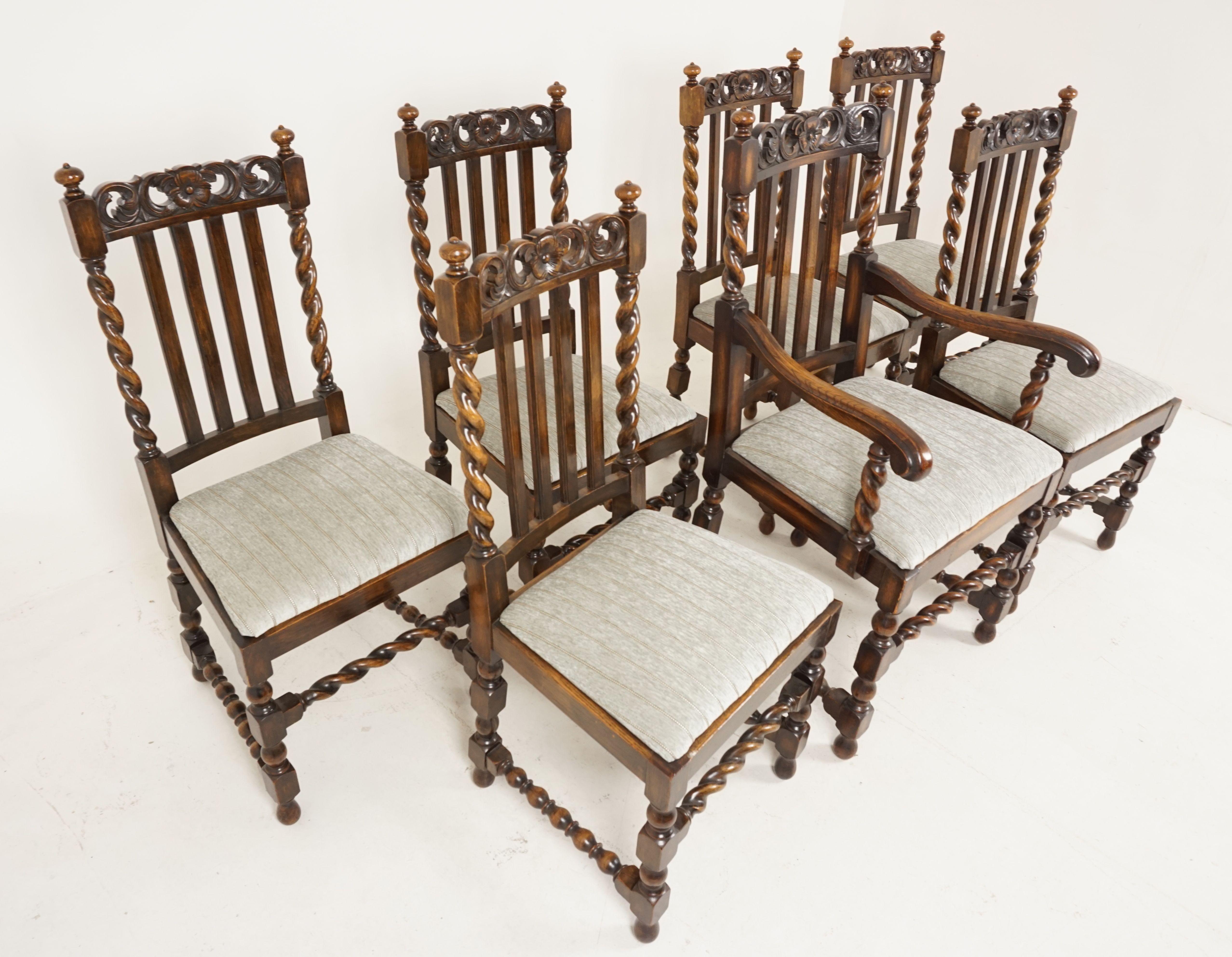 Scottish 7 Antique Oak Barley Twist Dining Chairs, Lift Out Seats, Scotland 1920, B2499