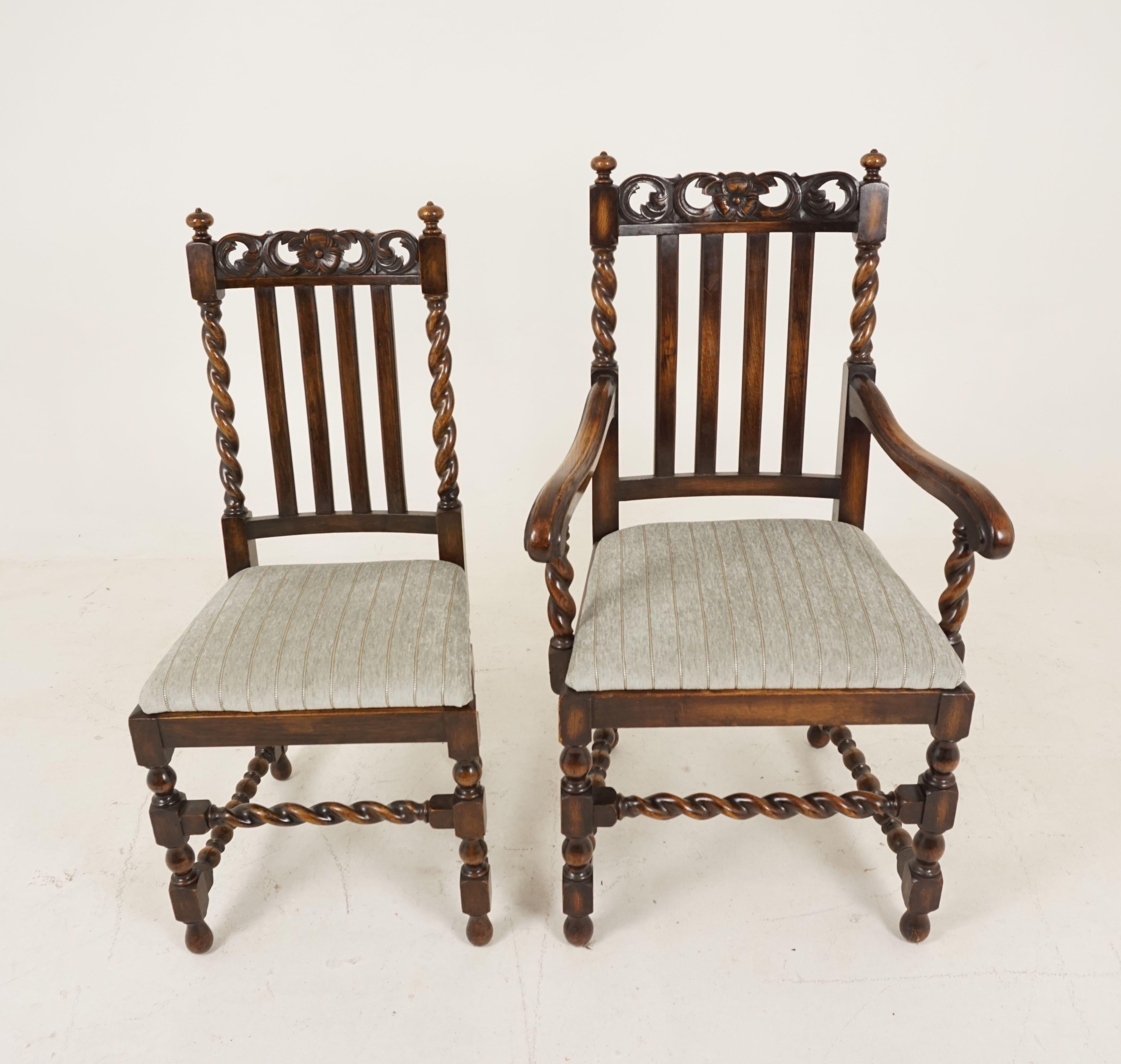 Hand-Crafted 7 Antique Oak Barley Twist Dining Chairs, Lift Out Seats, Scotland 1920, B2499