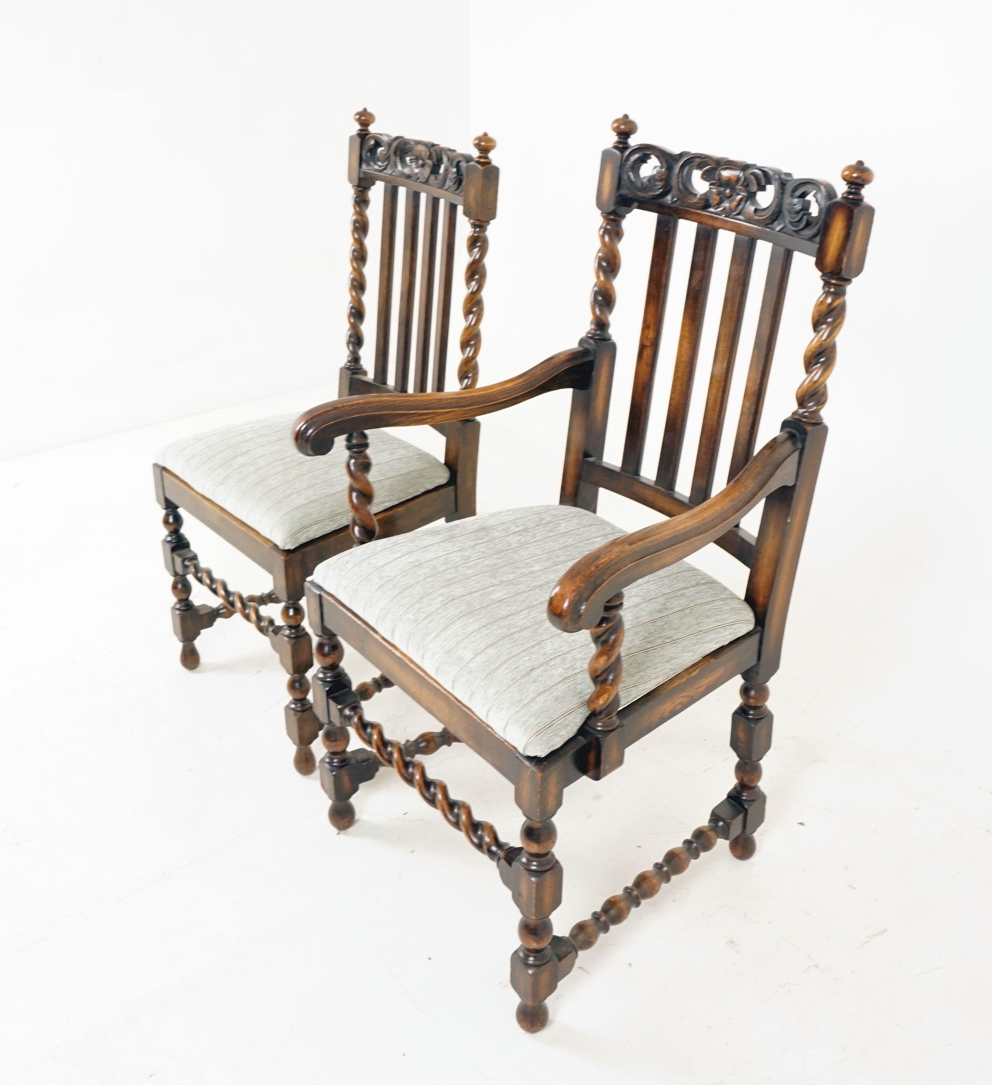 7 Antique Oak Barley Twist Dining Chairs, Lift Out Seats, Scotland 1920, B2499 1