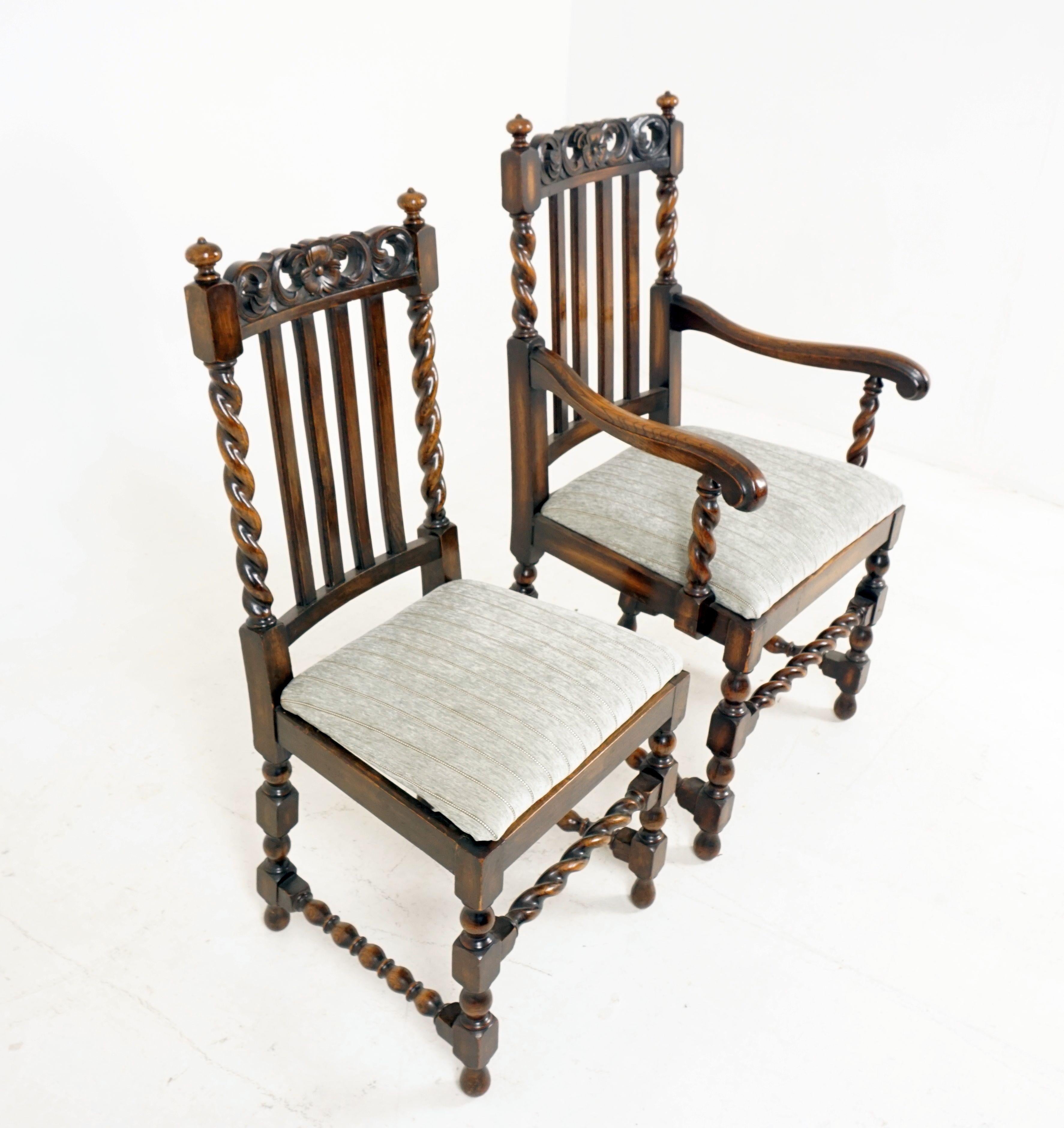 7 Antique Oak Barley Twist Dining Chairs, Lift Out Seats, Scotland 1920, B2499 2