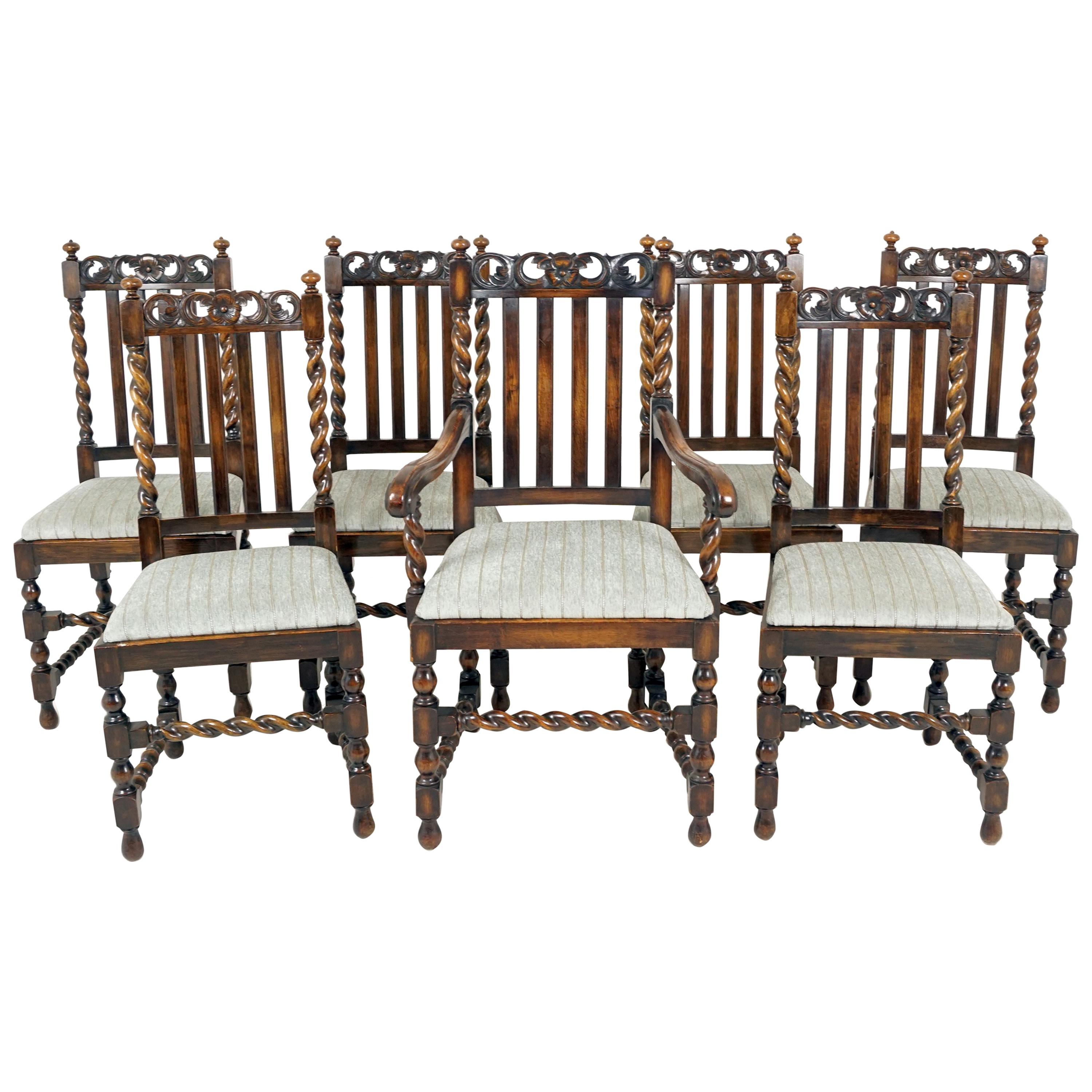 7 Antique Oak Barley Twist Dining Chairs, Lift Out Seats, Scotland 1920, B2499