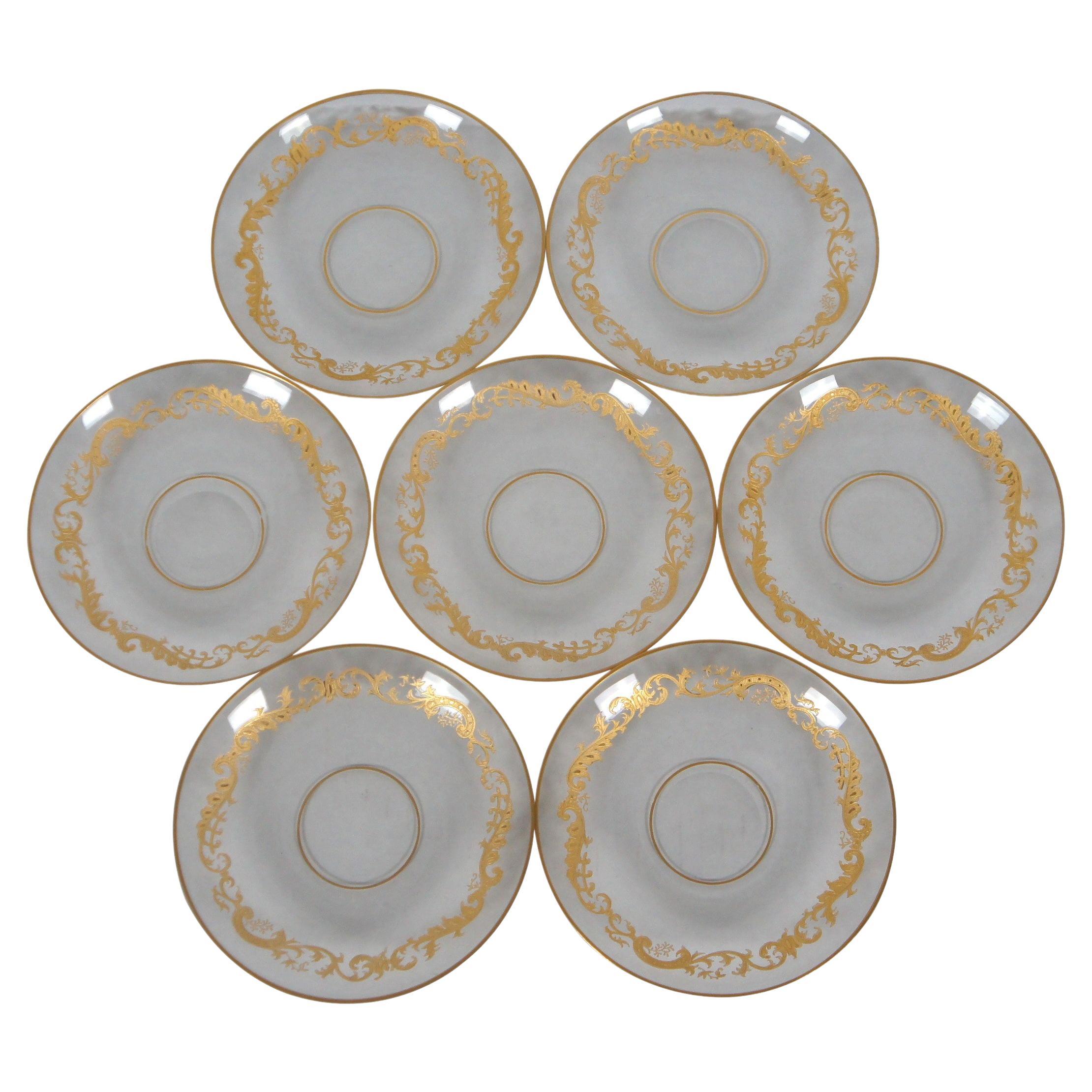 7 Antique Saint Louis France Etched Gilt Crystal Underplates Saucers Plates For Sale