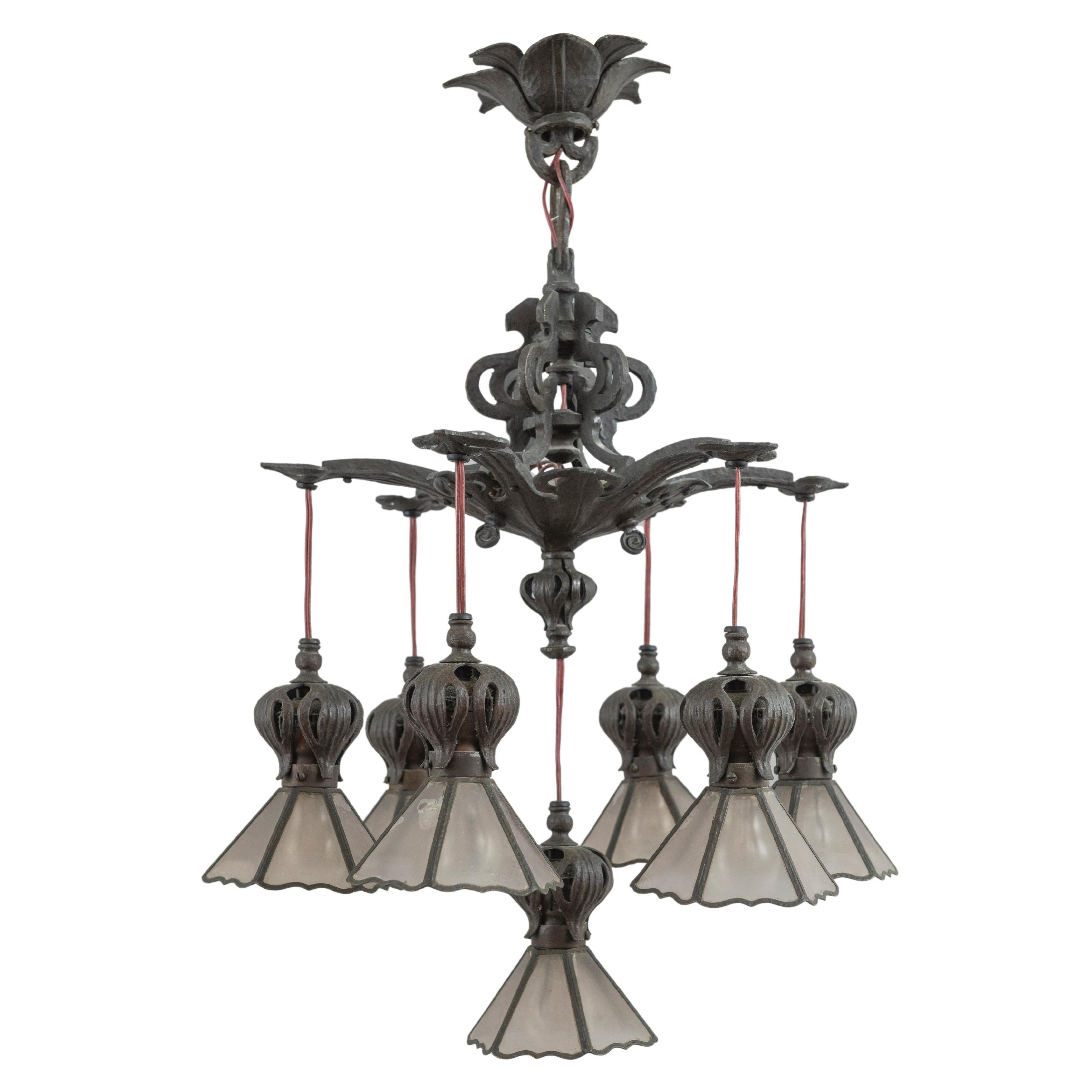 7 Arm Art Nouveau Bronze Chandelier, American circa 1900, Original Mica Shades