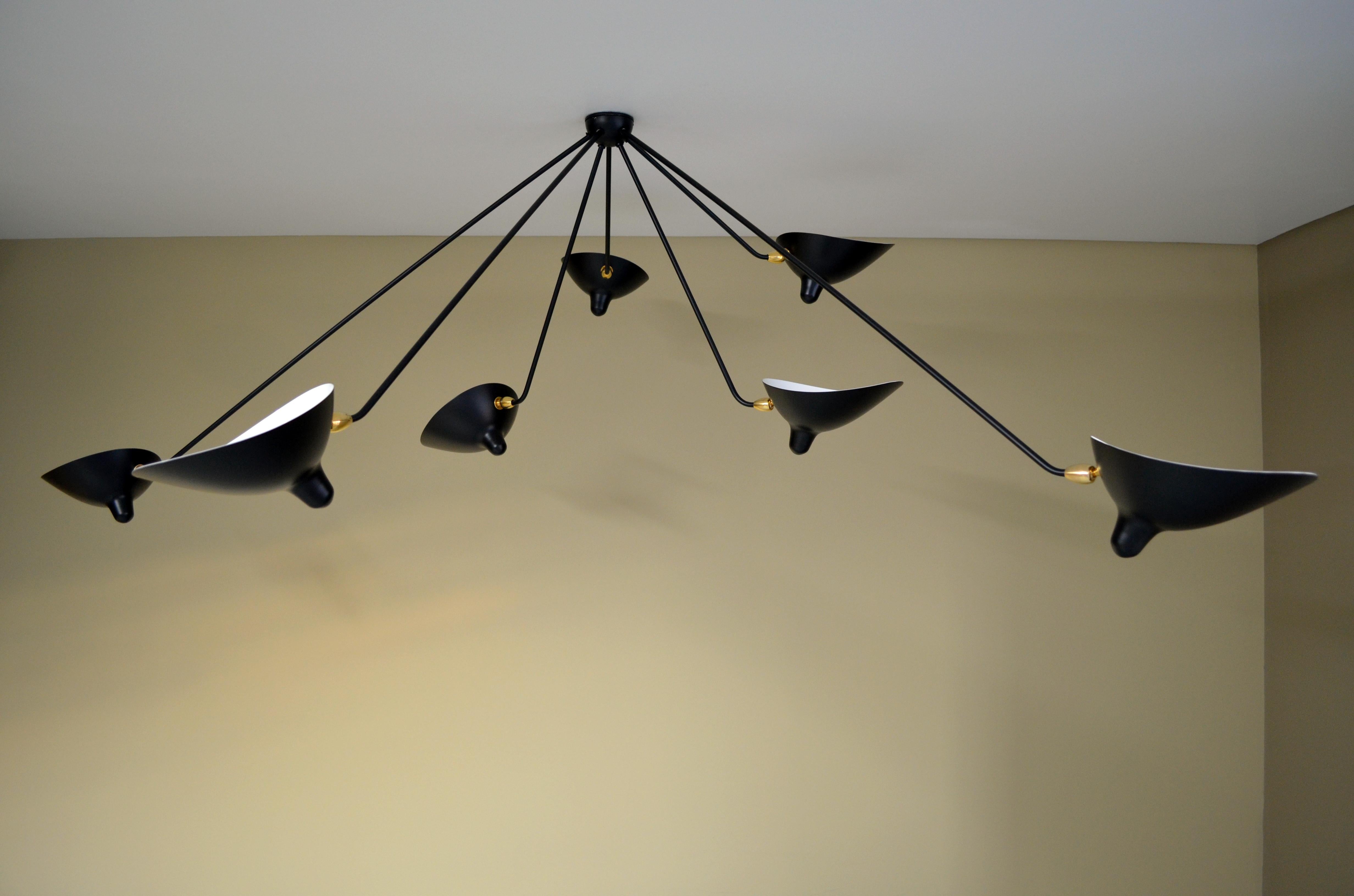 French Serge Mouille - 7 Arm Black Spider Ceiling Lamp For Sale