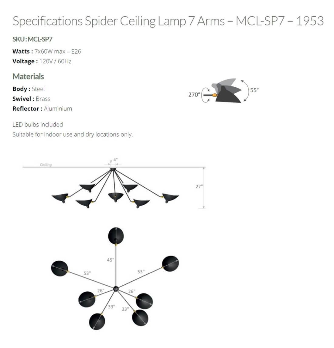 Aluminum Serge Mouille - 7 Arm Black Spider Ceiling Lamp For Sale