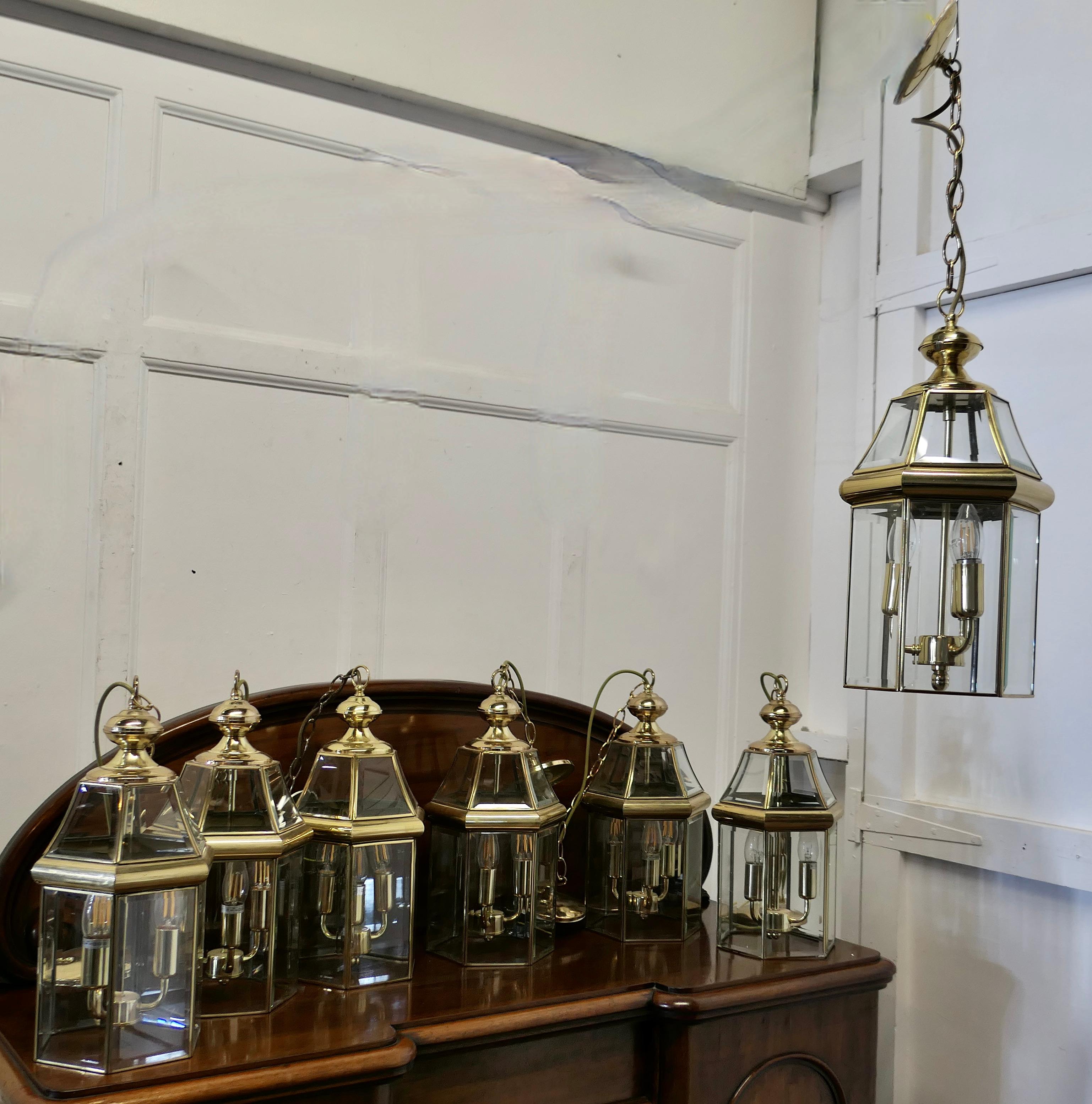  7 Art Deco Style Brass & Glass Hall Lanterns    For Sale 5