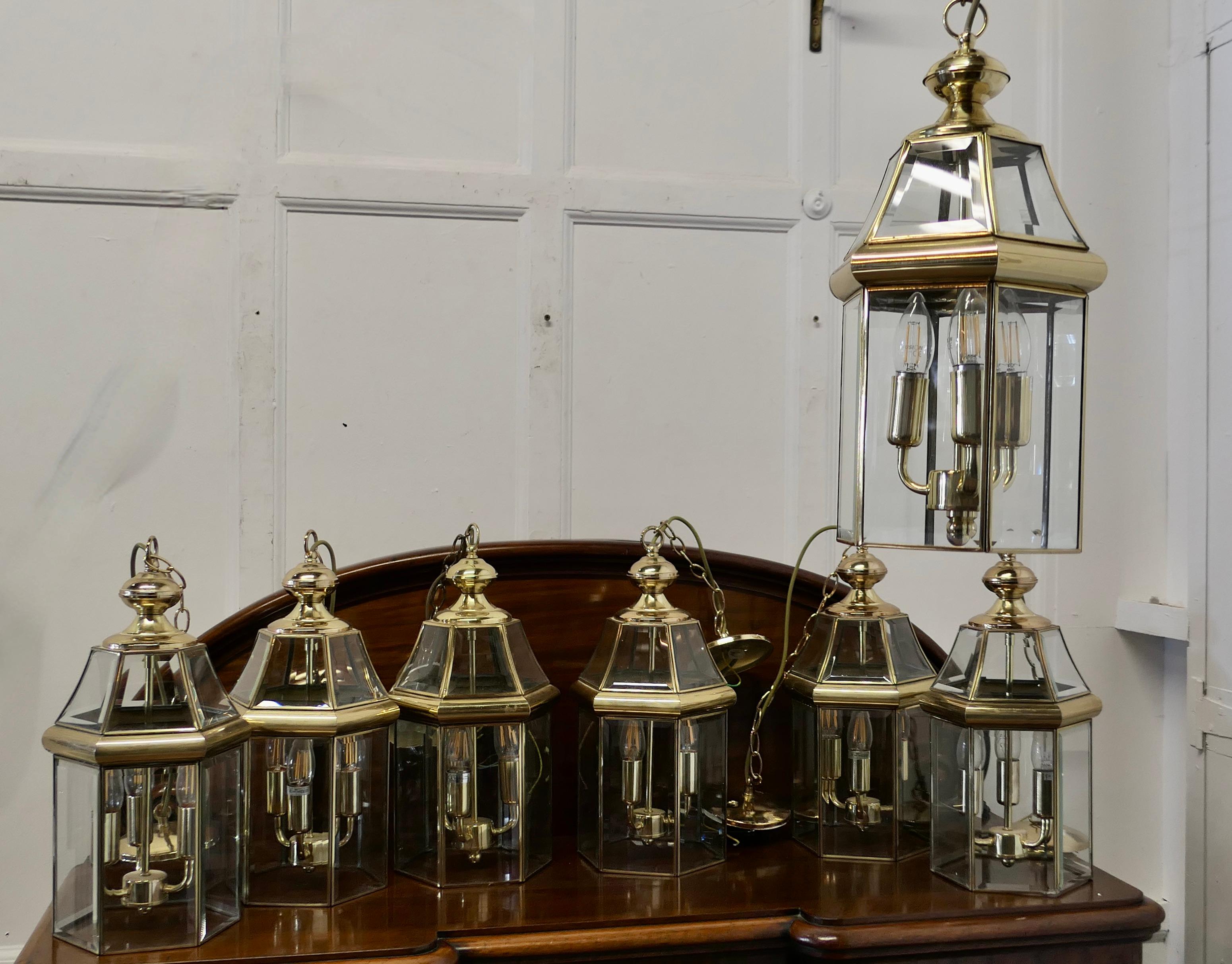  7 Art Deco Style Brass & Glass Hall Lanterns    For Sale 6