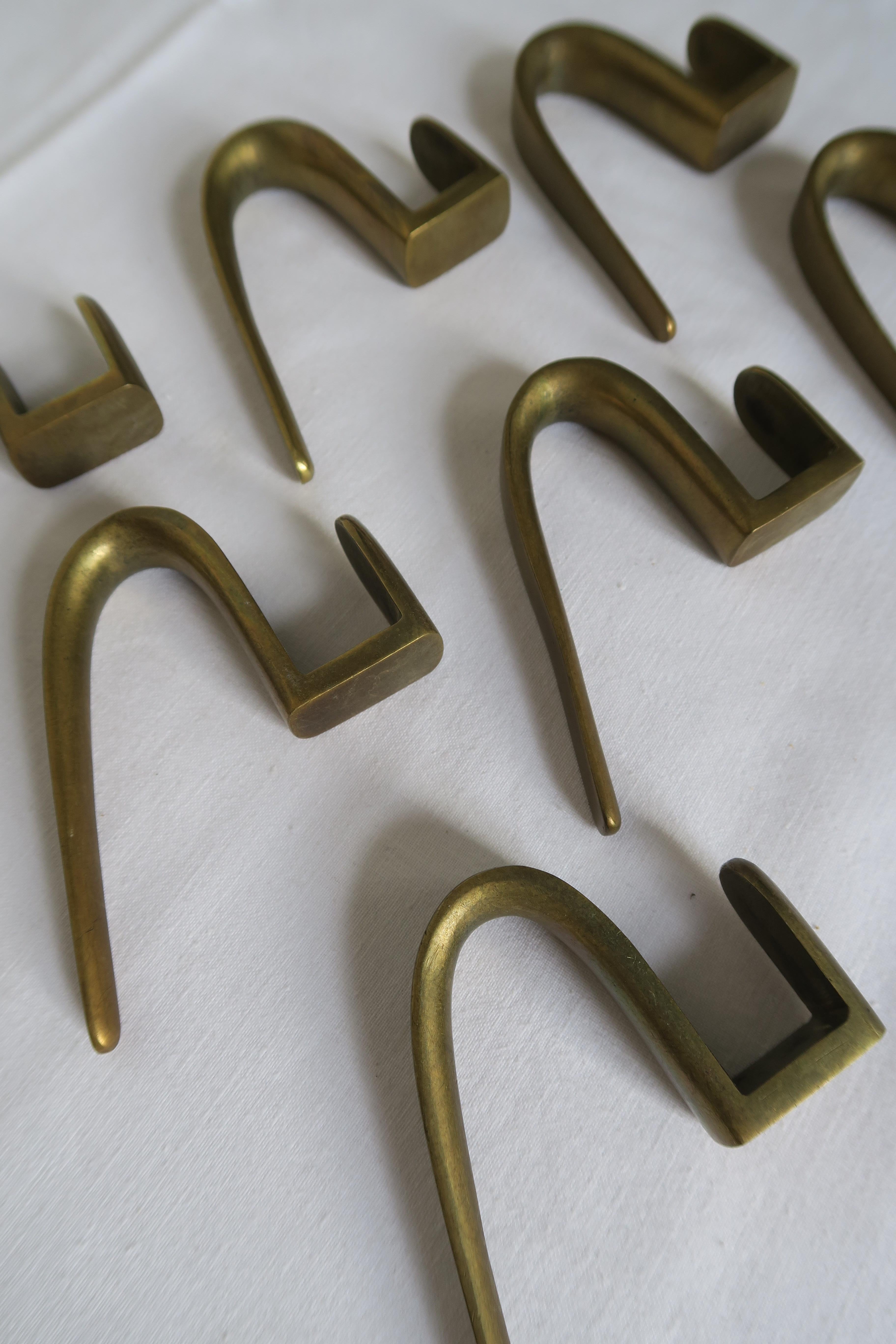 Mid-Century Modern 7 Authentic Heavy Brass Coat Hooks Designed by Carl Auböck For Sale